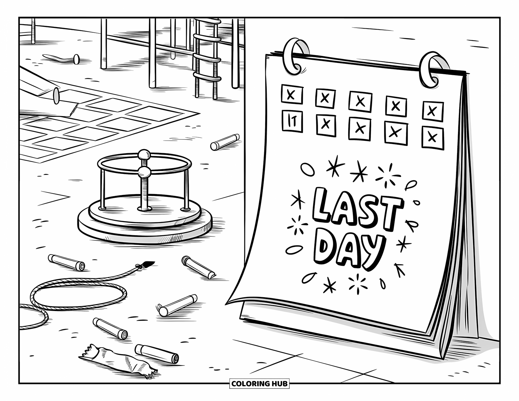 End Of School Year Coloring Page for Kids: A fun schoolyard scene celebrating the last day with chalk, toys, and laughter