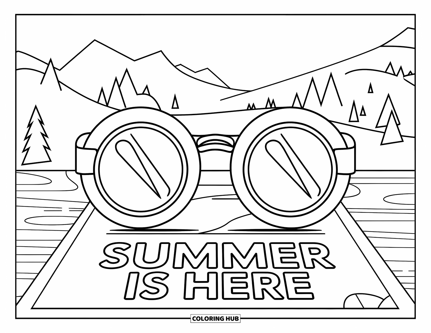 End Of School Year Coloring Page for Kids: A pair of sunglasses rests on paper titled "Summer is Here"