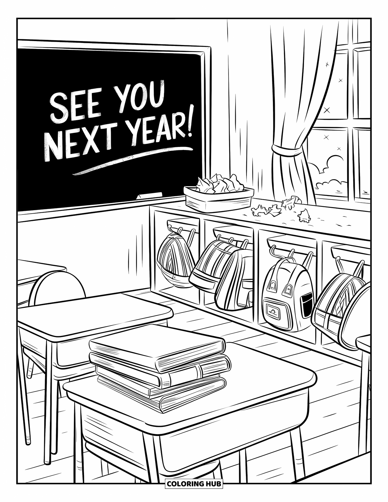 End Of School Year Coloring Page for Kids: A peaceful classroom waiting for summer with books and goodbyes