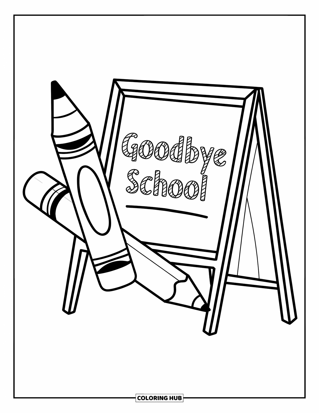 End Of School Year Coloring Page for Kids: A pencil and crayon cross proudly near a "Goodbye School" board