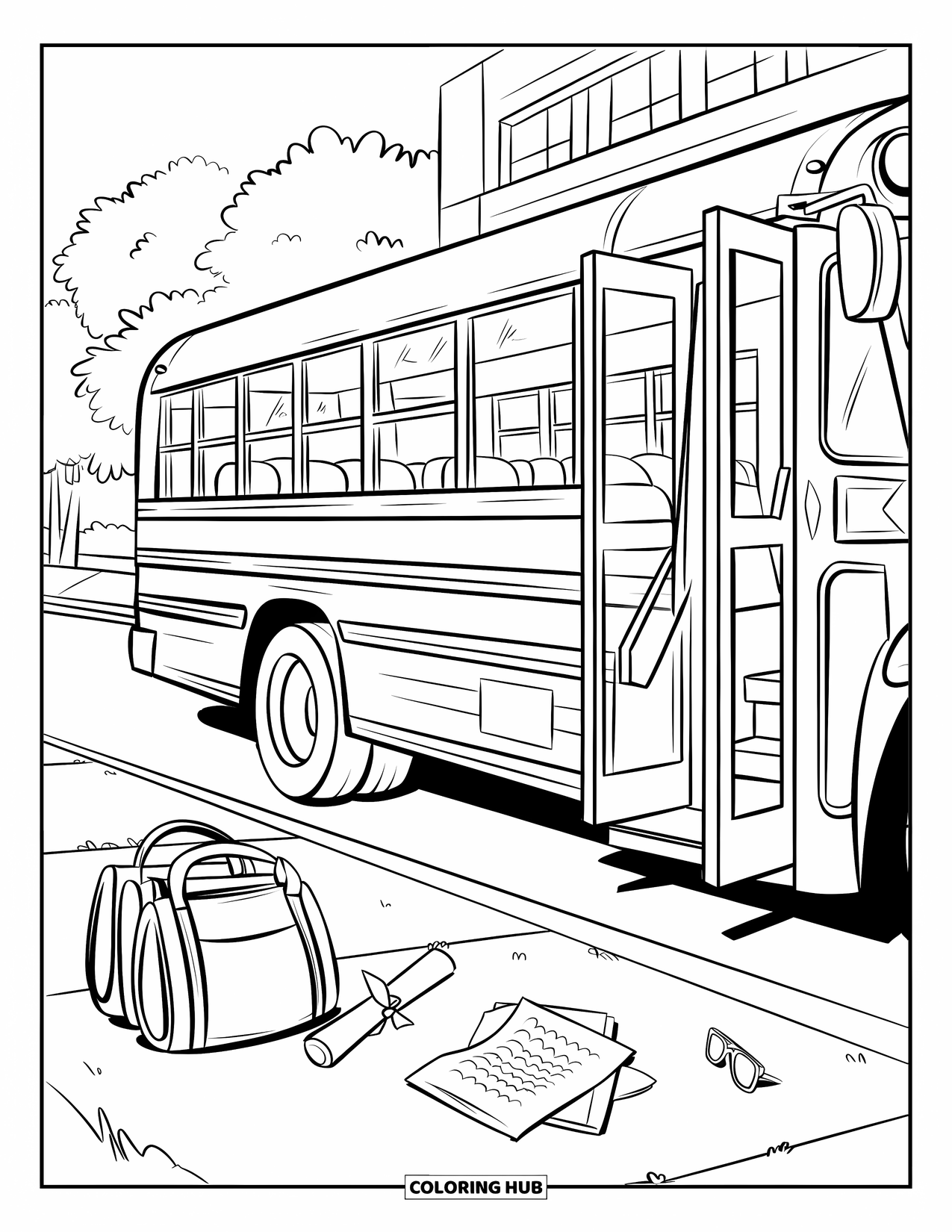 End Of School Year Coloring Page for Kids: A school bus parked by the school marks the start of summer