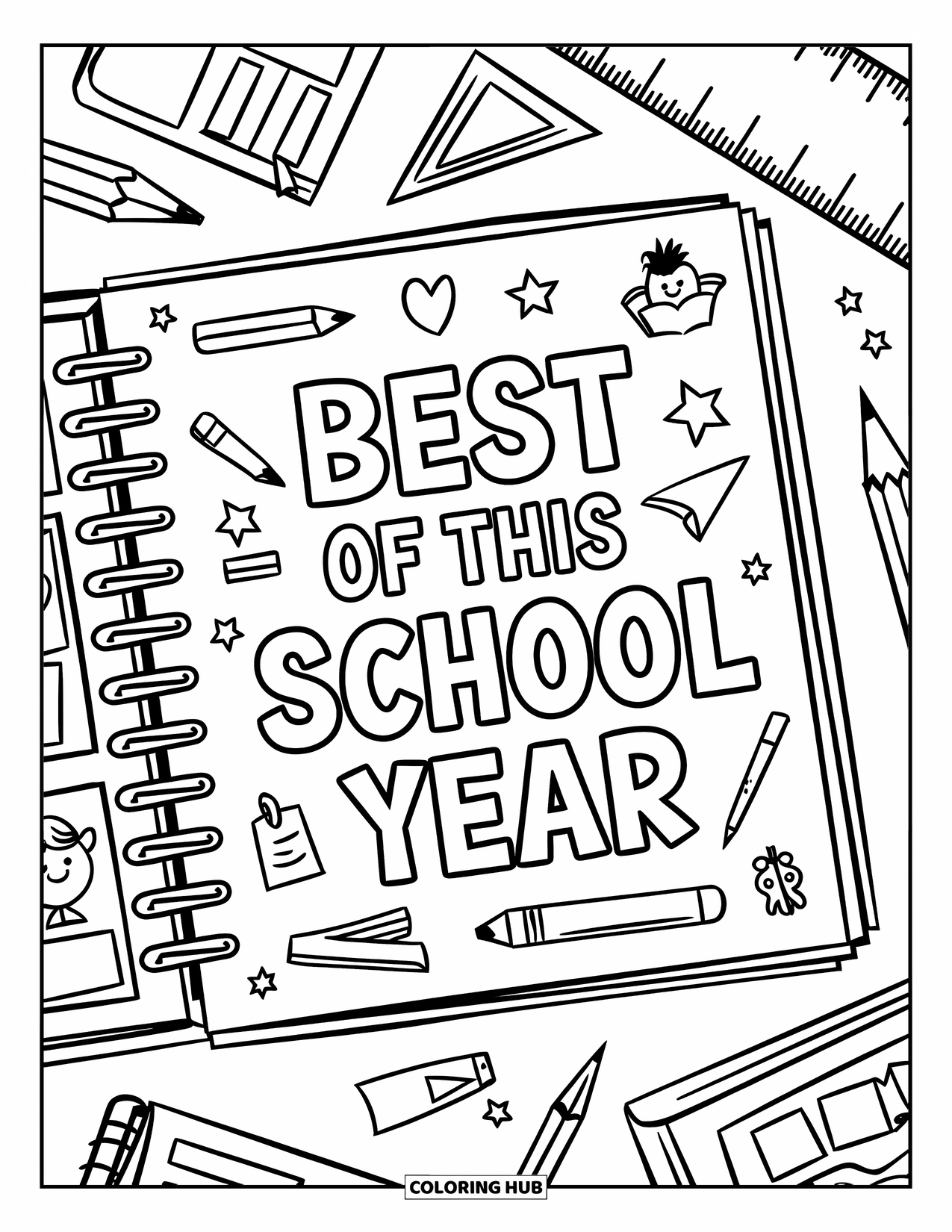 End Of School Year Coloring Page for Kids: A scrapbook cover titled "Best of This School Year" with school doodles