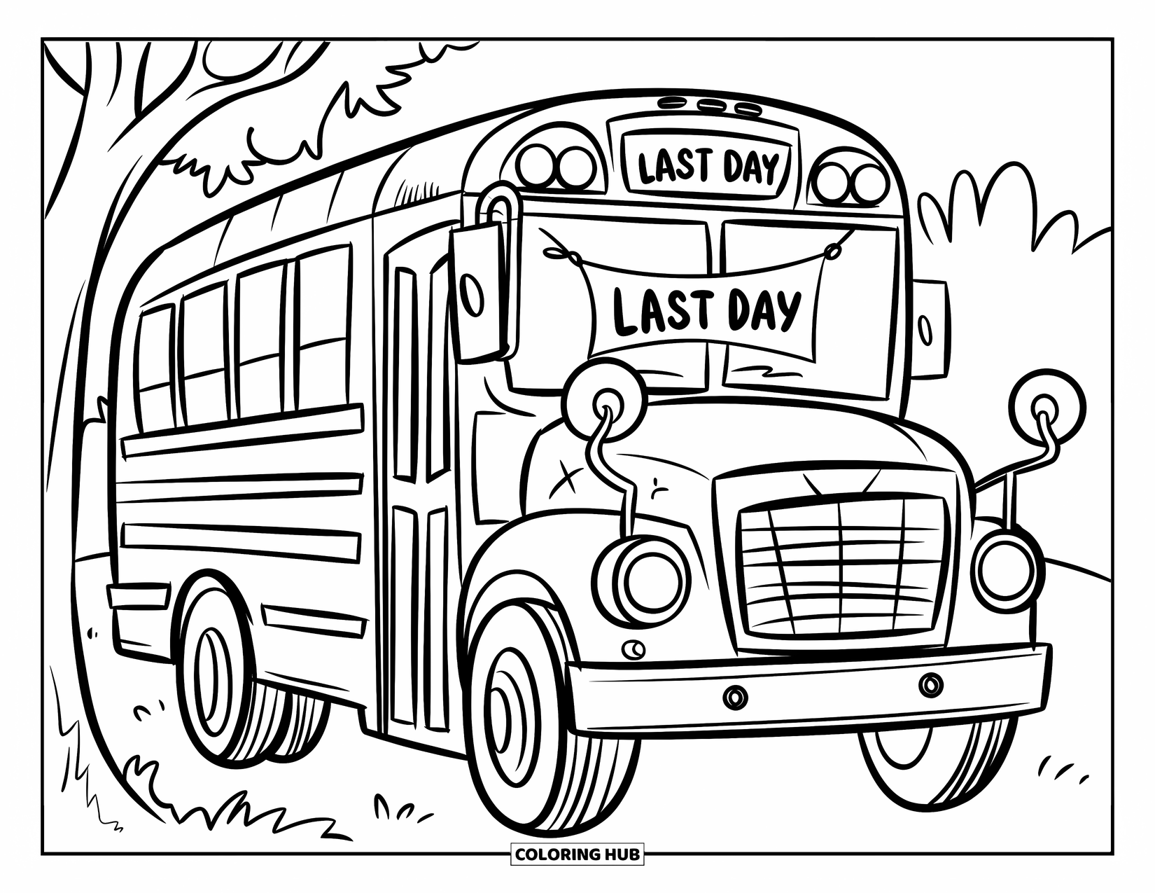 End Of School Year Coloring Page for Kids: A smiling school bus with a "Last Day" banner parked by a tree