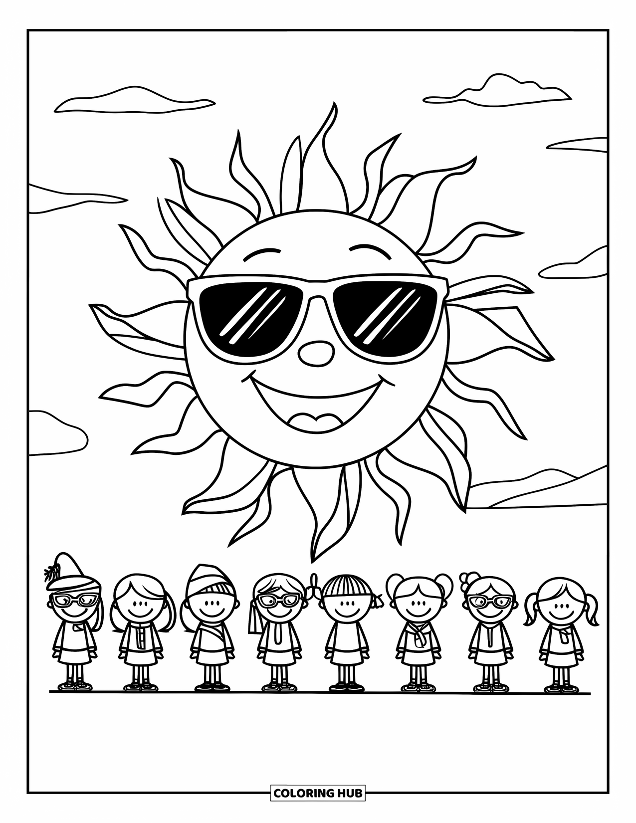 End Of School Year Coloring Page for Kids: A smiling sun shines down on happy stick-figure students