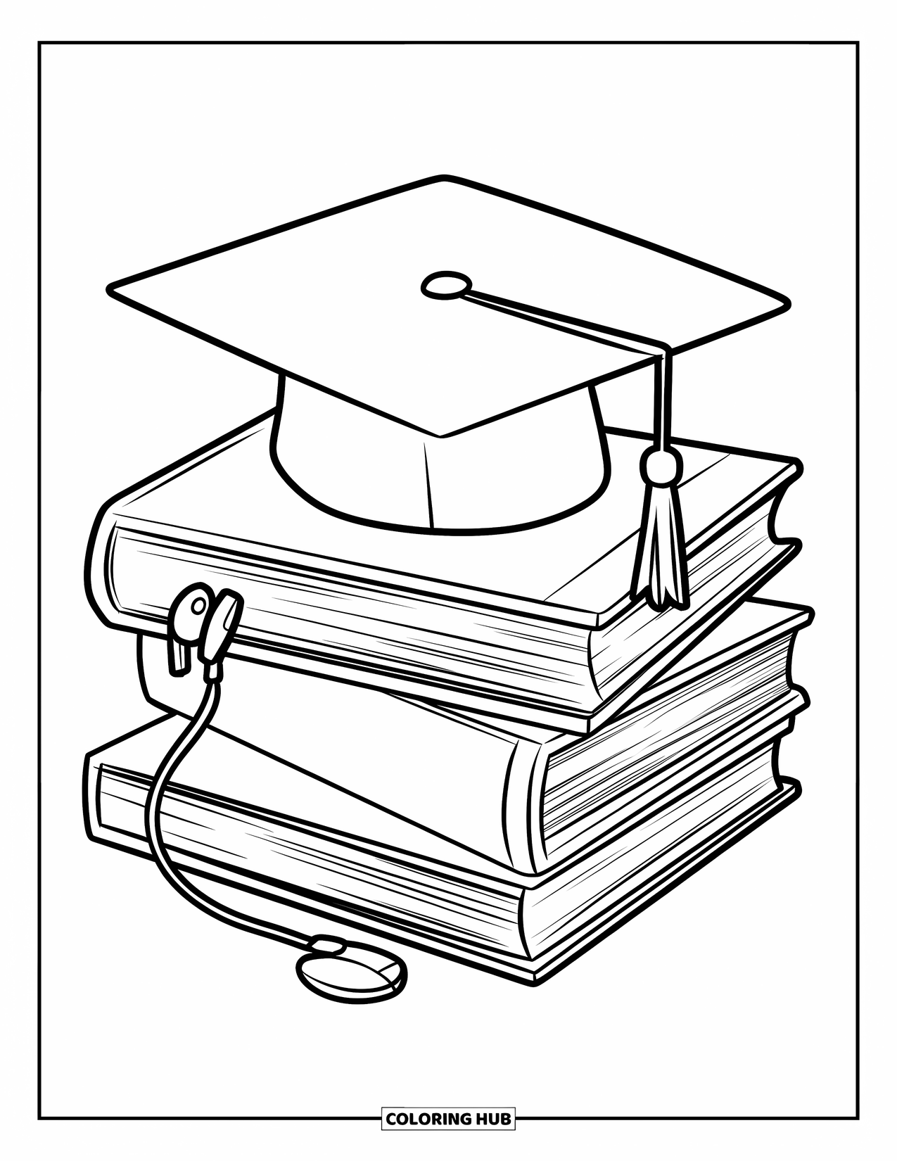 End Of School Year Coloring Page for Kids: A stack of textbooks topped with a graduation cap and earbuds
