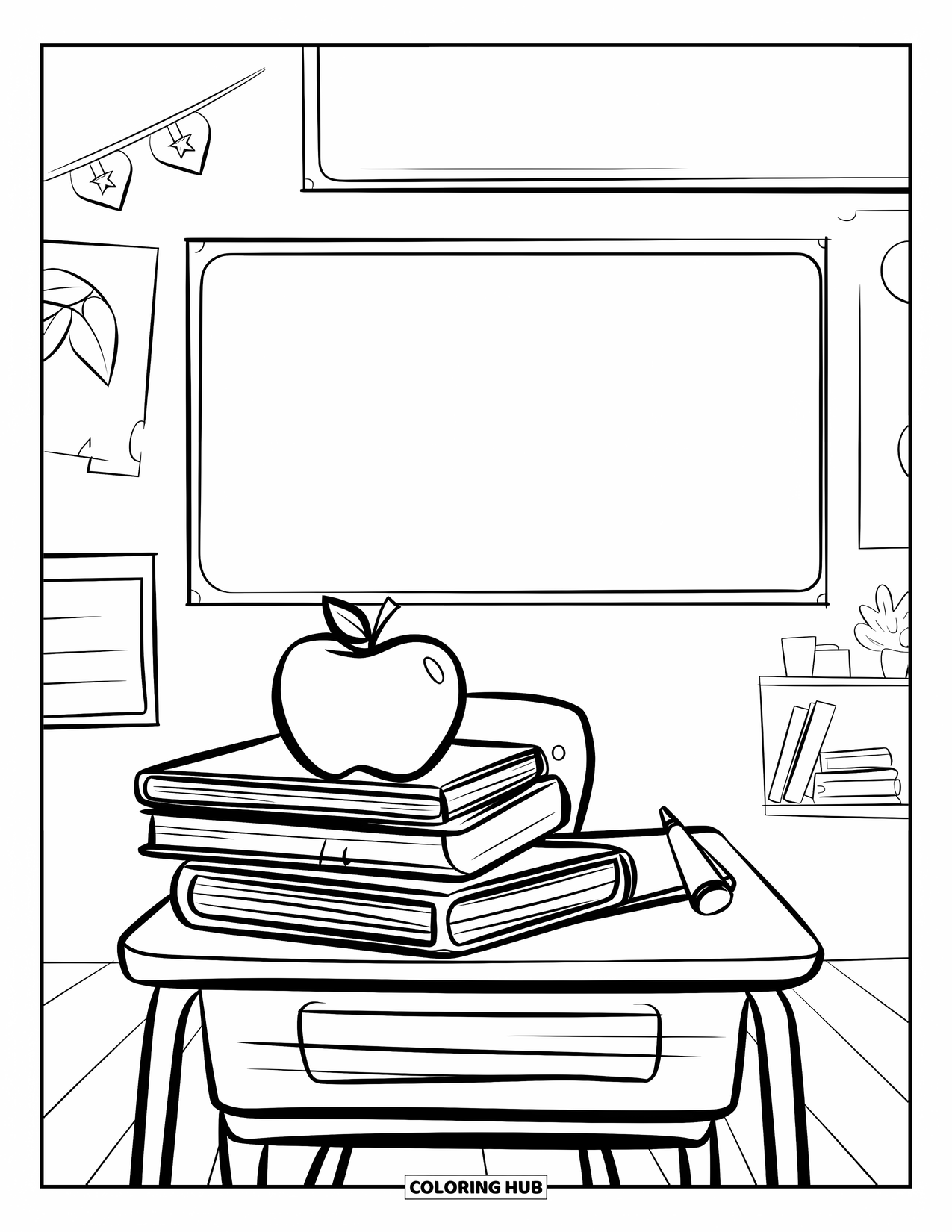 End Of School Year Coloring Page for Kids: A study desk scene with books, an apple, and a gold star award