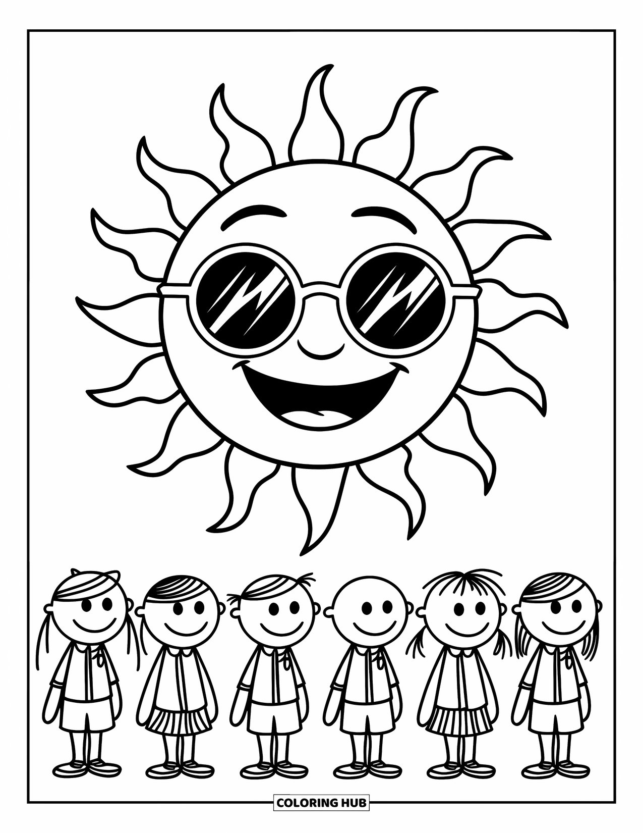 End Of School Year Coloring Page for Kids: A sunny classroom scene with a smiling sun and happy students
