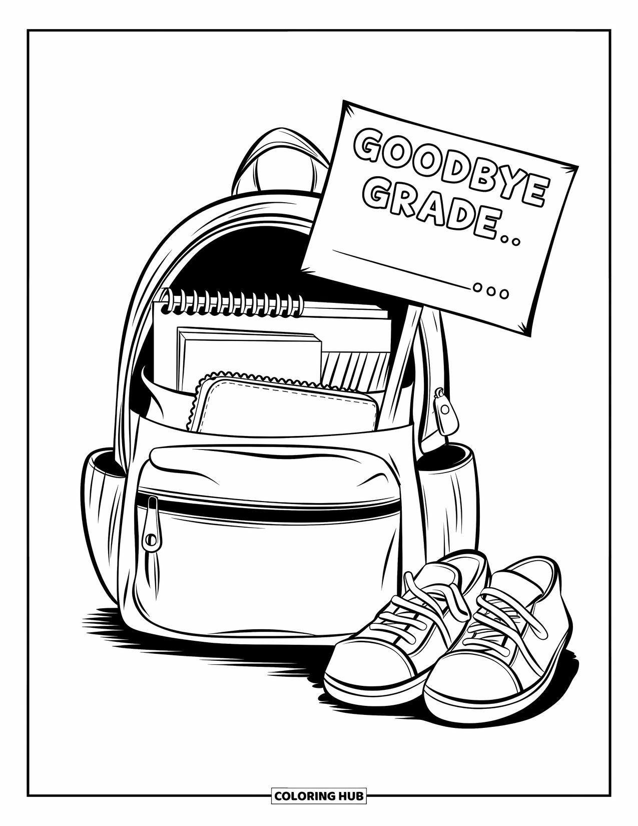 End Of School Year Coloring Page for Kids: A tidy backpack and shoes rest beside a "Goodbye Grade" note