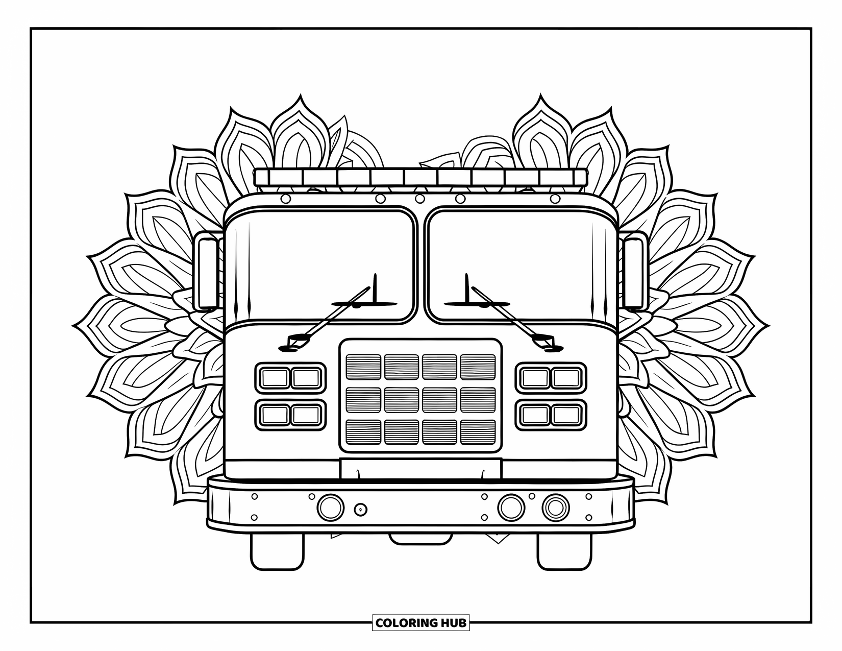 Fireman Coloring Page for Adults: A fire truck surrounded by elegant floral mandalas for a relaxing design