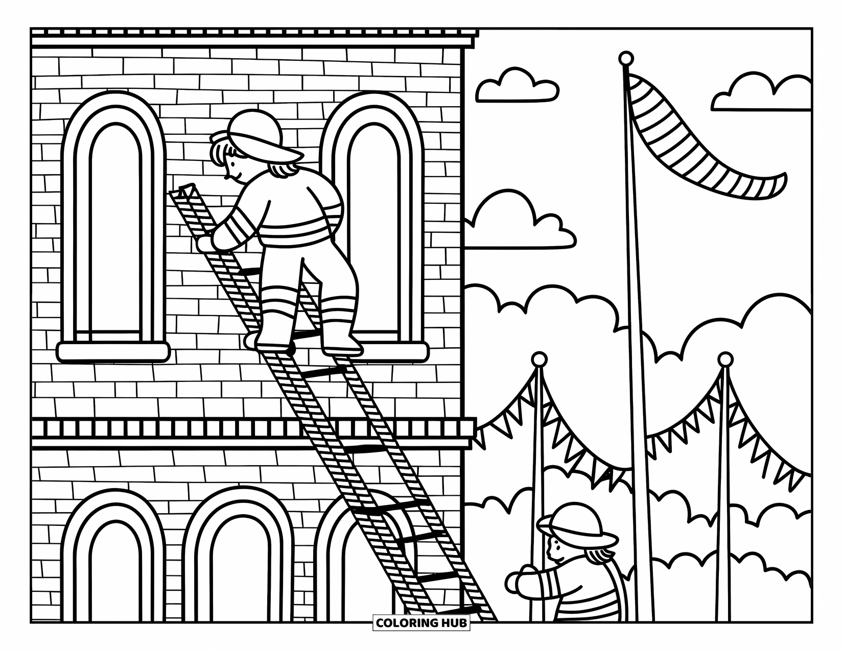 Fireman Coloring Page for Adults: A firefighter carefully climbs down a rope ladder from a training tower