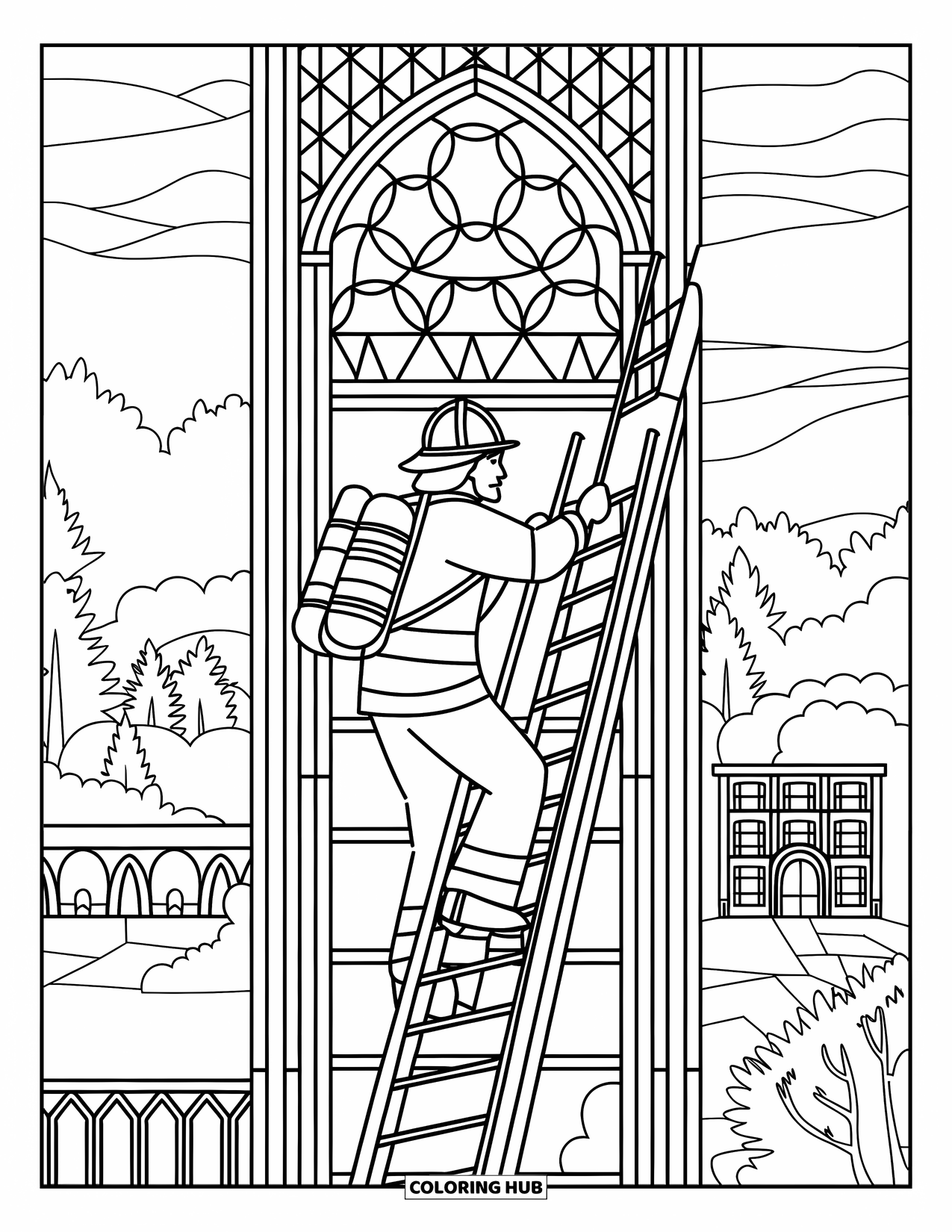 Fireman Coloring Page for Adults: A firefighter climbs toward the sky framed by stained glass patterns