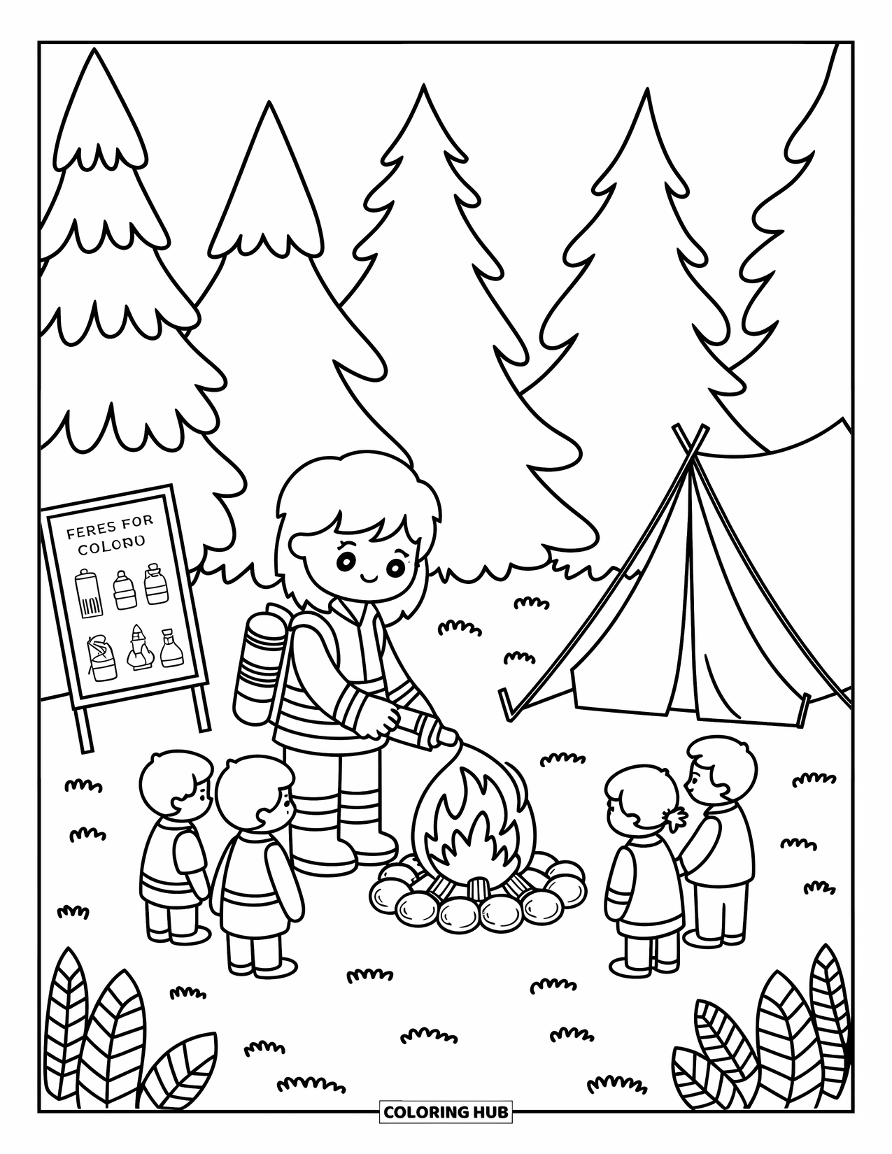 Fireman Coloring Page for Adults: A firefighter gently demonstrates campfire safety to curious children