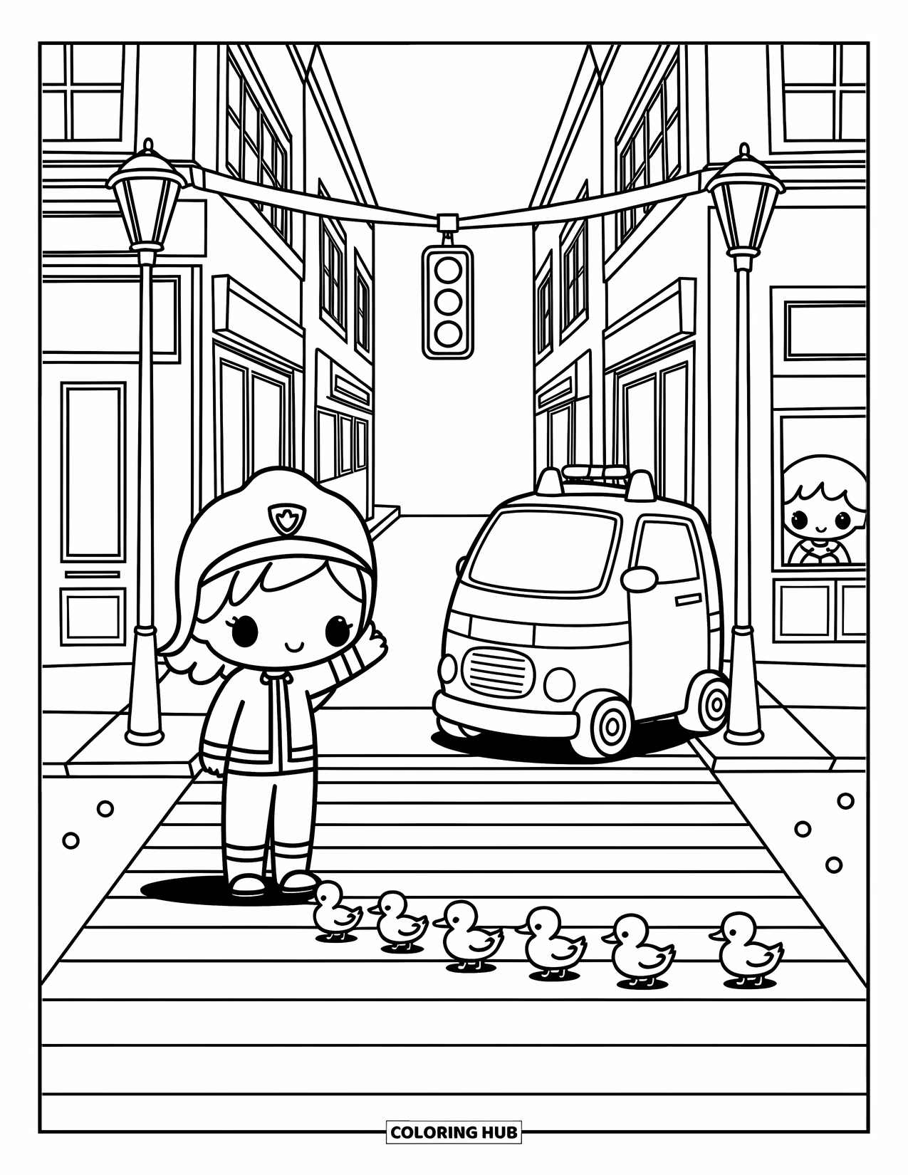Fireman Coloring Page for Adults: A firefighter halts traffic so ducklings can cross safely at a crosswalk