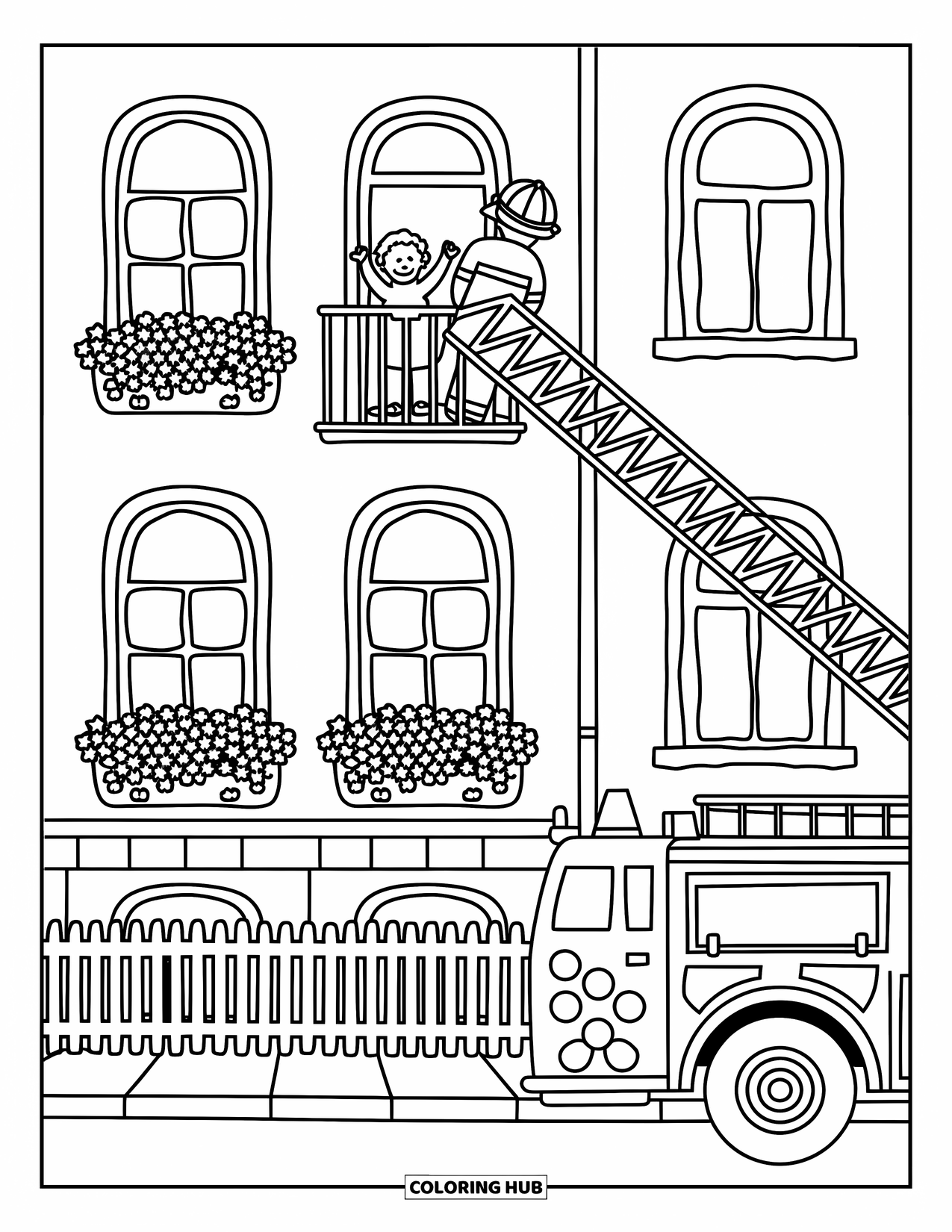 Fireman Coloring Page for Adults: A firefighter reaches a waving child on a sunny apartment balcony
