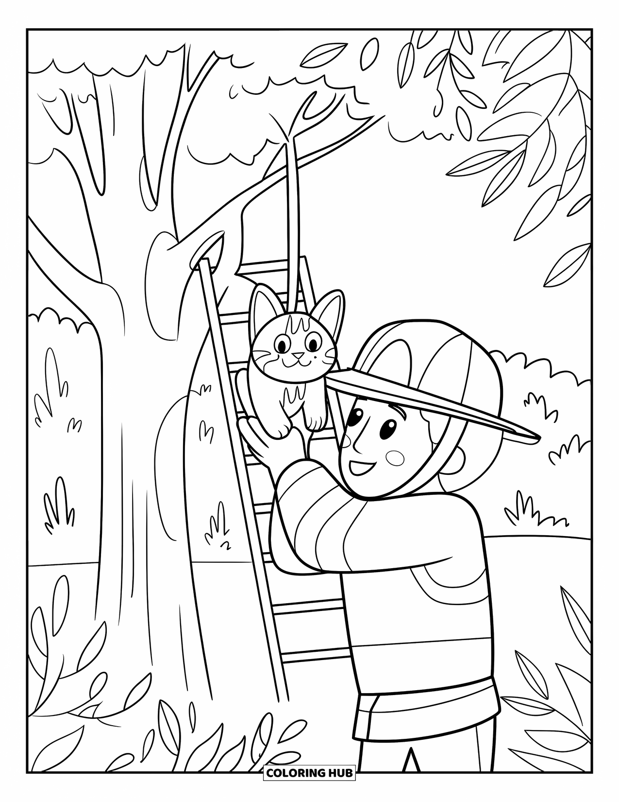 Fireman Coloring Page for Adults: A firefighter rescues a kitten from a tree framed by leafy swirls