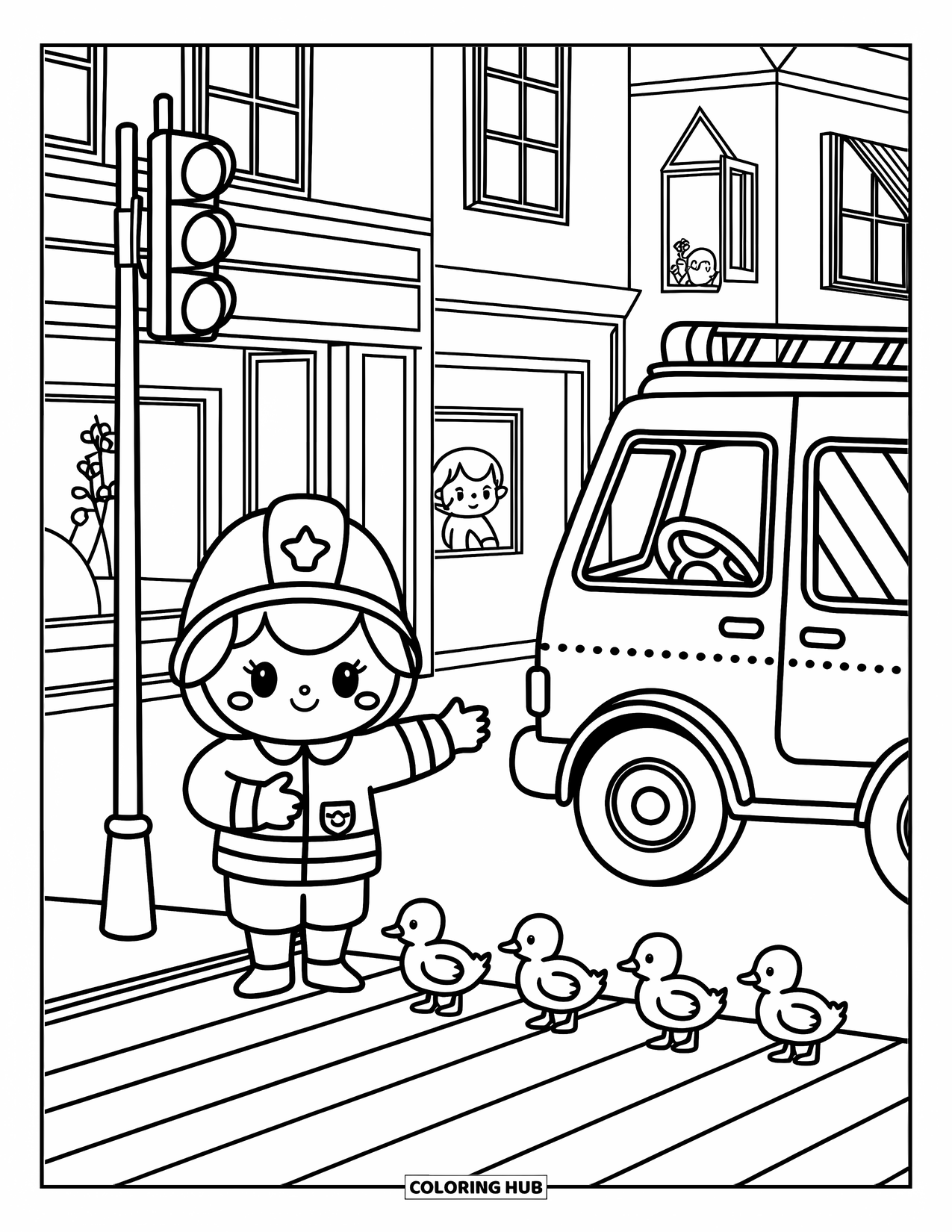 Fireman Coloring Page for Adults: A firefighter smiles as ducklings waddle across the road