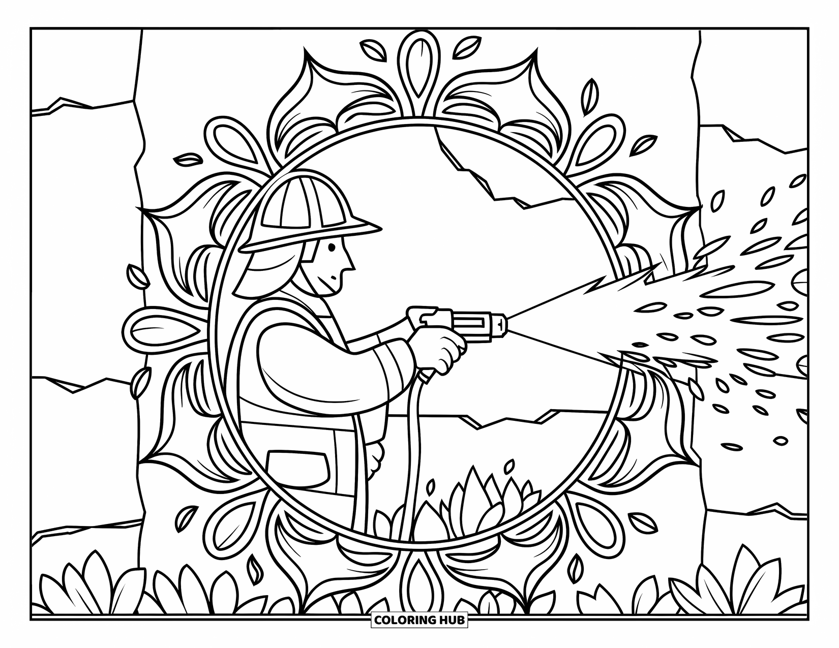 Fireman Coloring Page for Adults: A firefighter sprays water within a circular floral mandala design