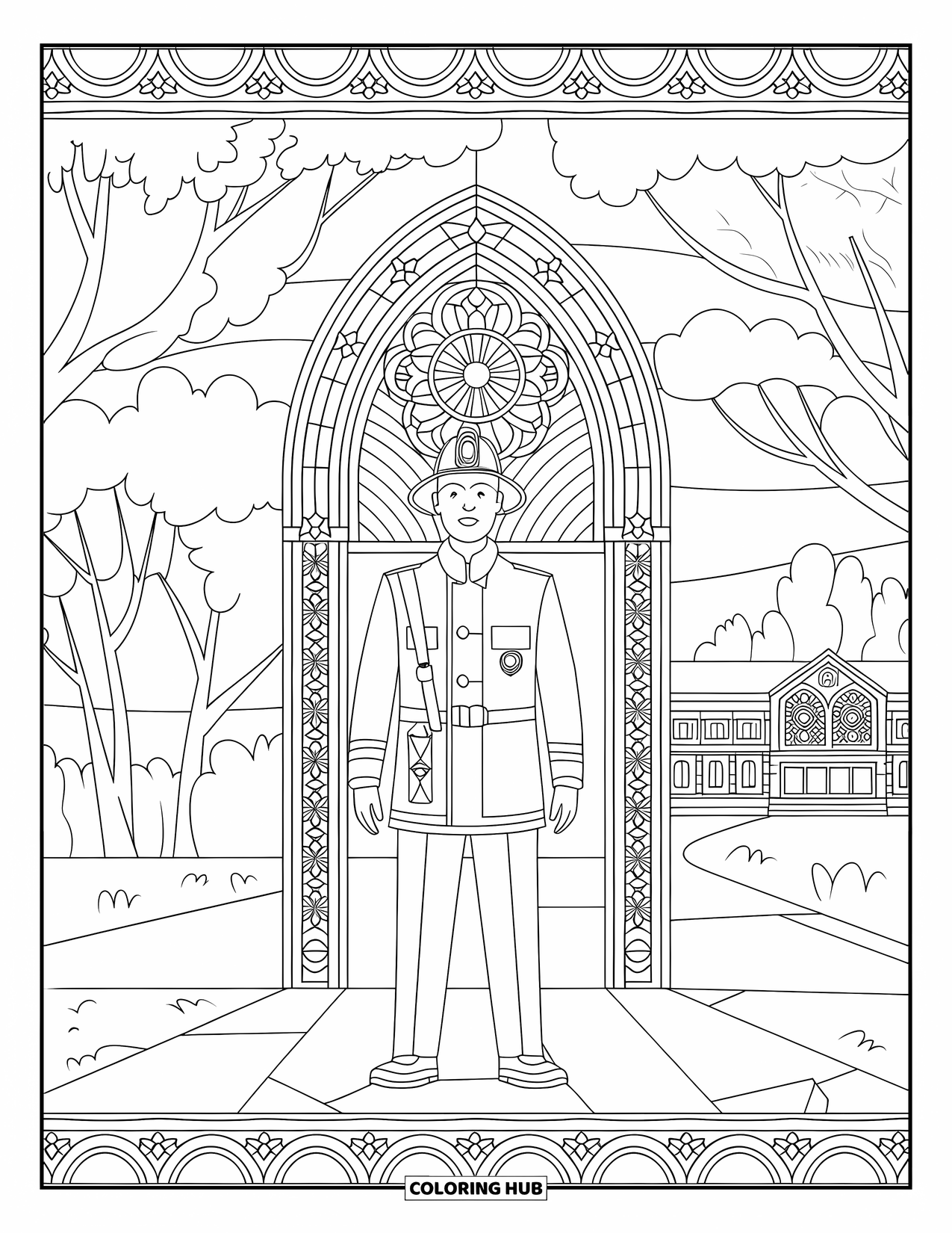 Fireman Coloring Page for Adults: A firefighter stands before a stained glass arch and peaceful landscape