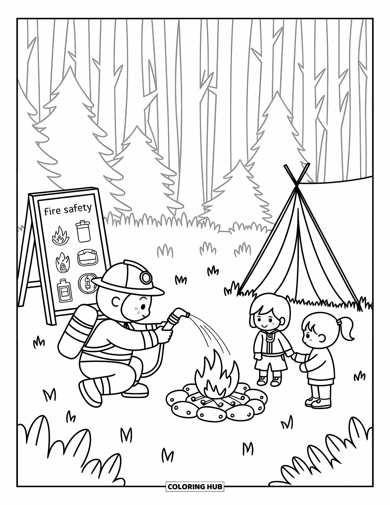 Fireman Coloring Page for Adults: A firefighter teaches children fire safety by a campfire in the woods