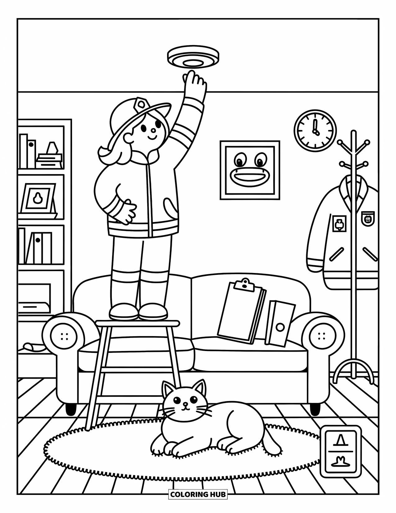 Fireman Coloring Page for Adults: A firefighter tests a smoke alarm while a curious cat looks on