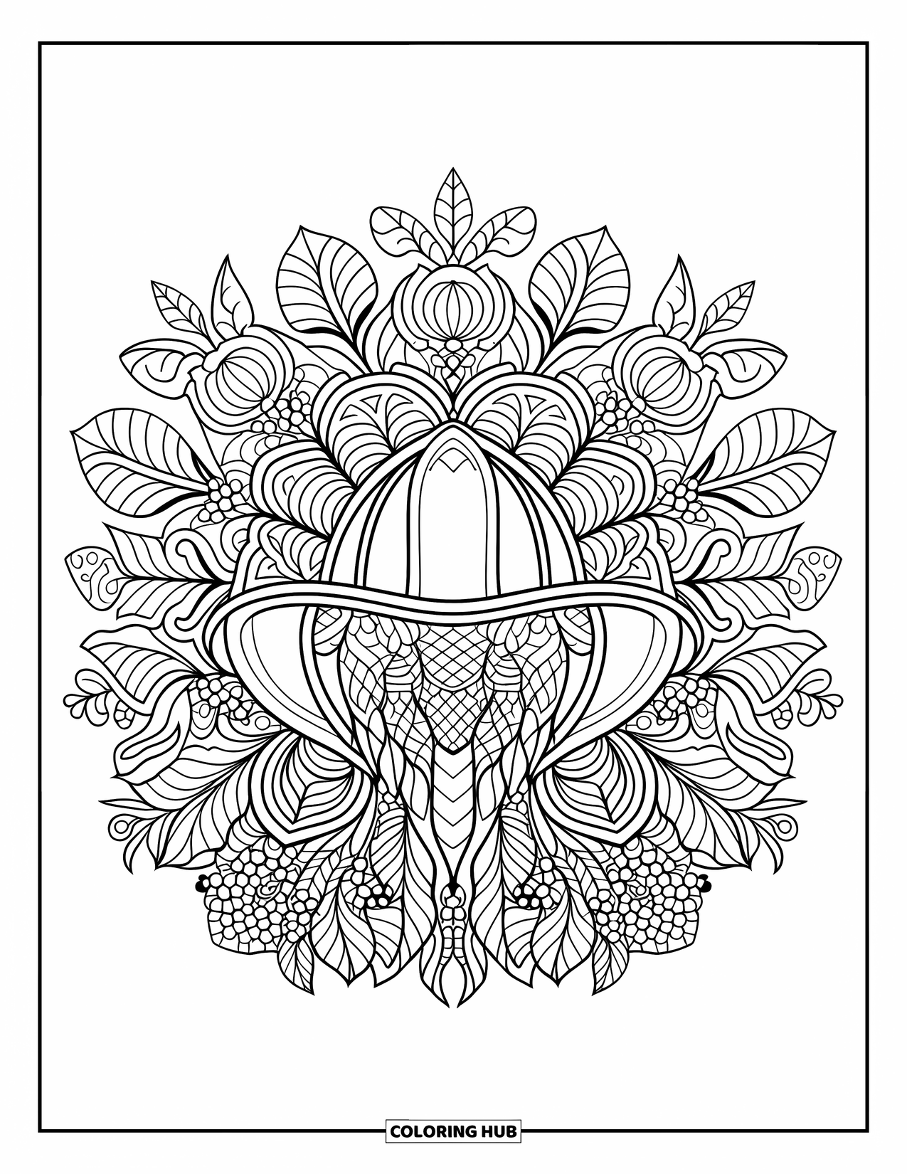 Fireman Coloring Page for Adults: A fireman helmet surrounded by an intricate botanical mandala design