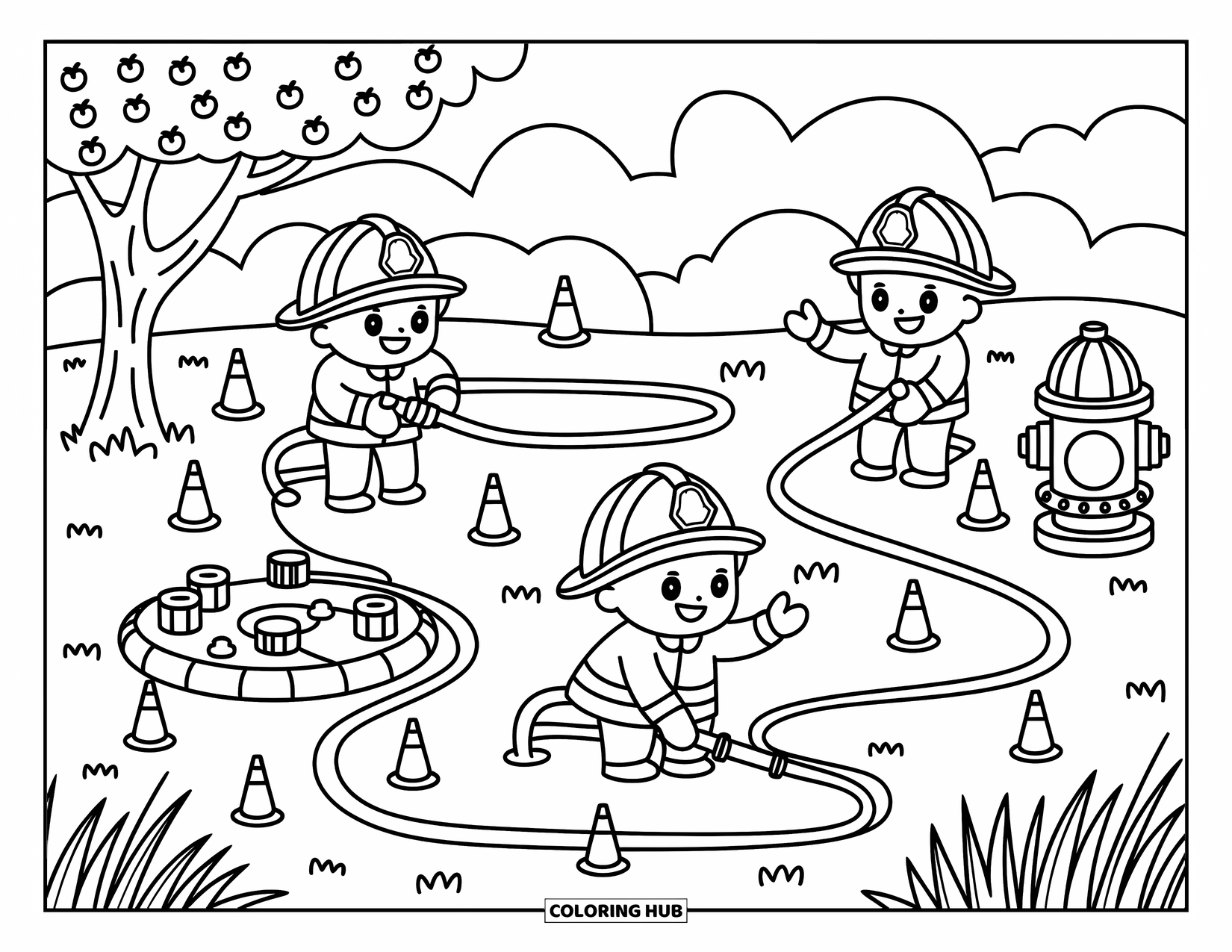 Fireman Coloring Page for Adults: Firefighters playfully train in a park, aiming hoses and rolling equipment