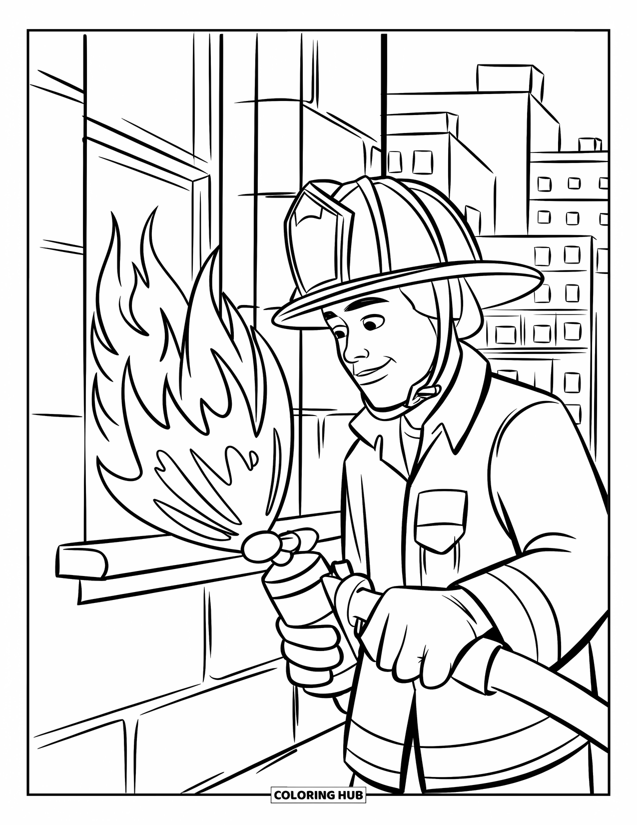 Fireman Coloring Page for Kids: A brave firefighter puts out flames shooting from a window