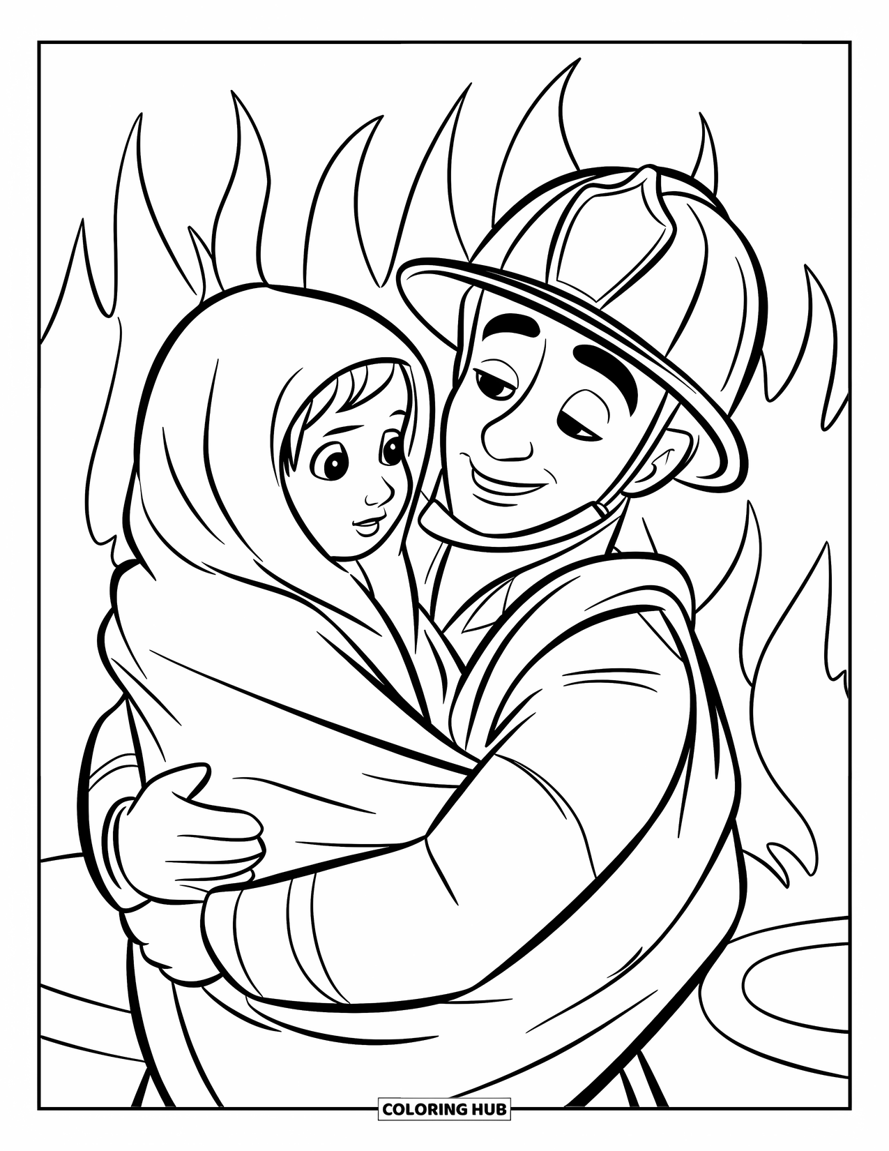 Fireman Coloring Page for Kids: A brave firefighter saves a child wrapped warmly in a blanket