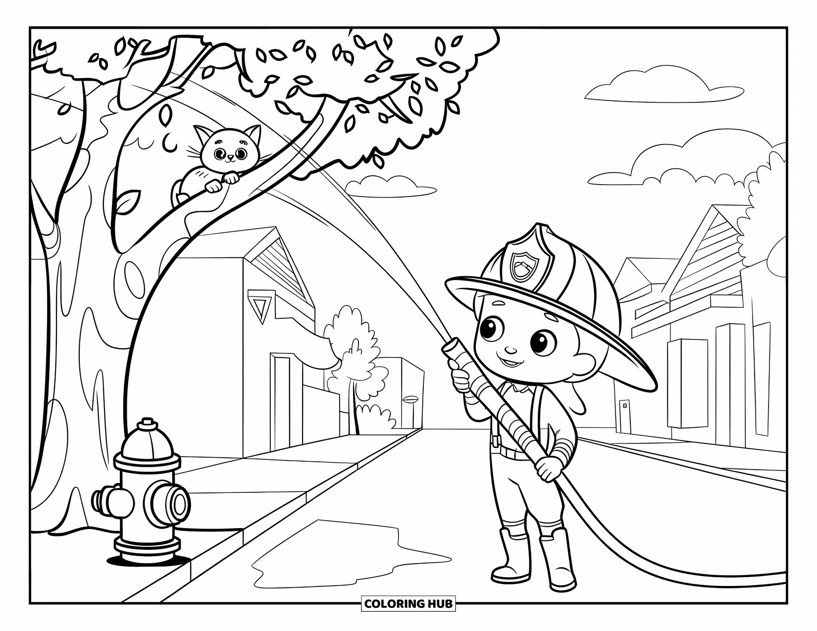Fireman Coloring Page for Kids: A caring firefighter rescues a kitten from a leafy tree on a sunny day