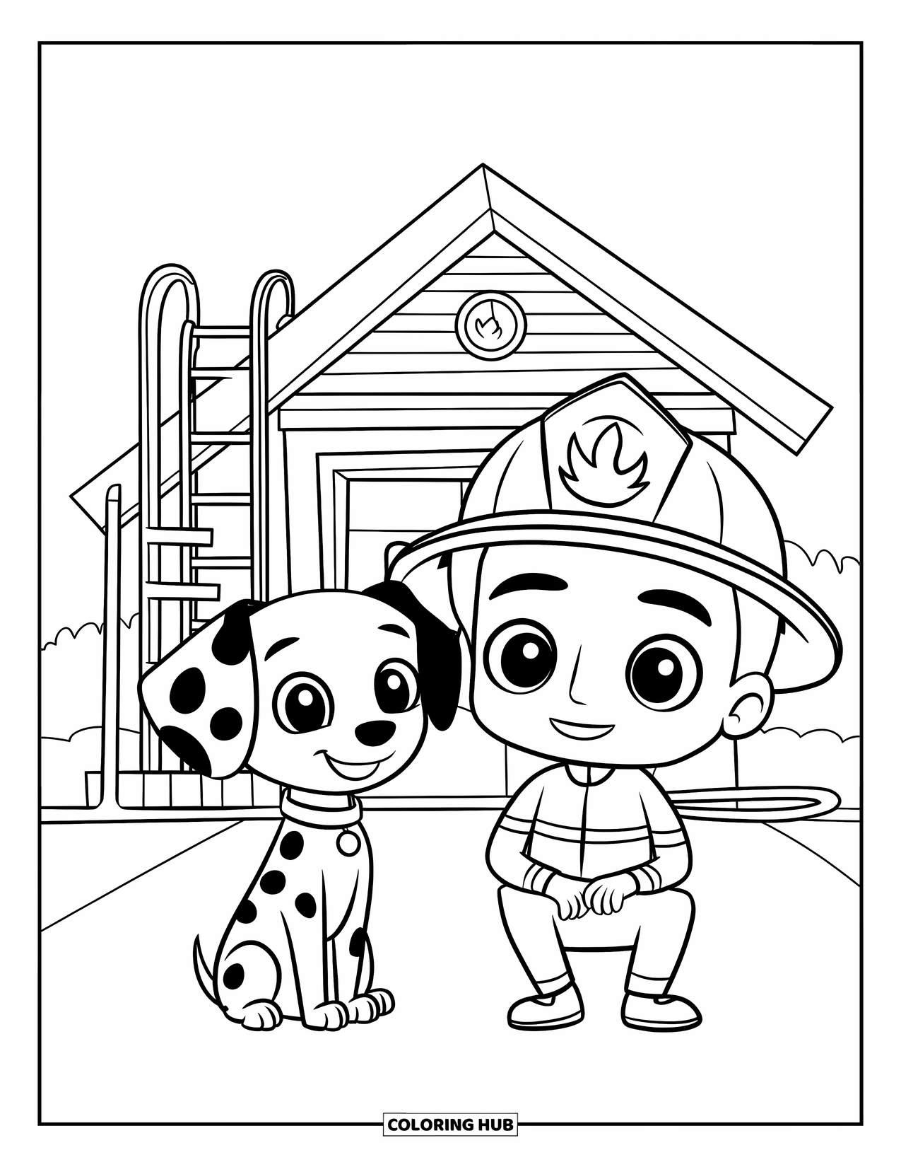 Fireman Coloring Page for Kids: A chibi firefighter and Dalmatian rest together near the firehouse