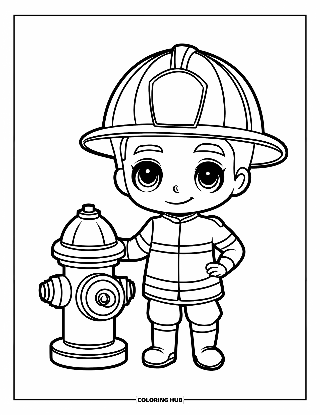 Fireman Coloring Page for Kids: A chibi firefighter stands beside a hydrant wearing big boots