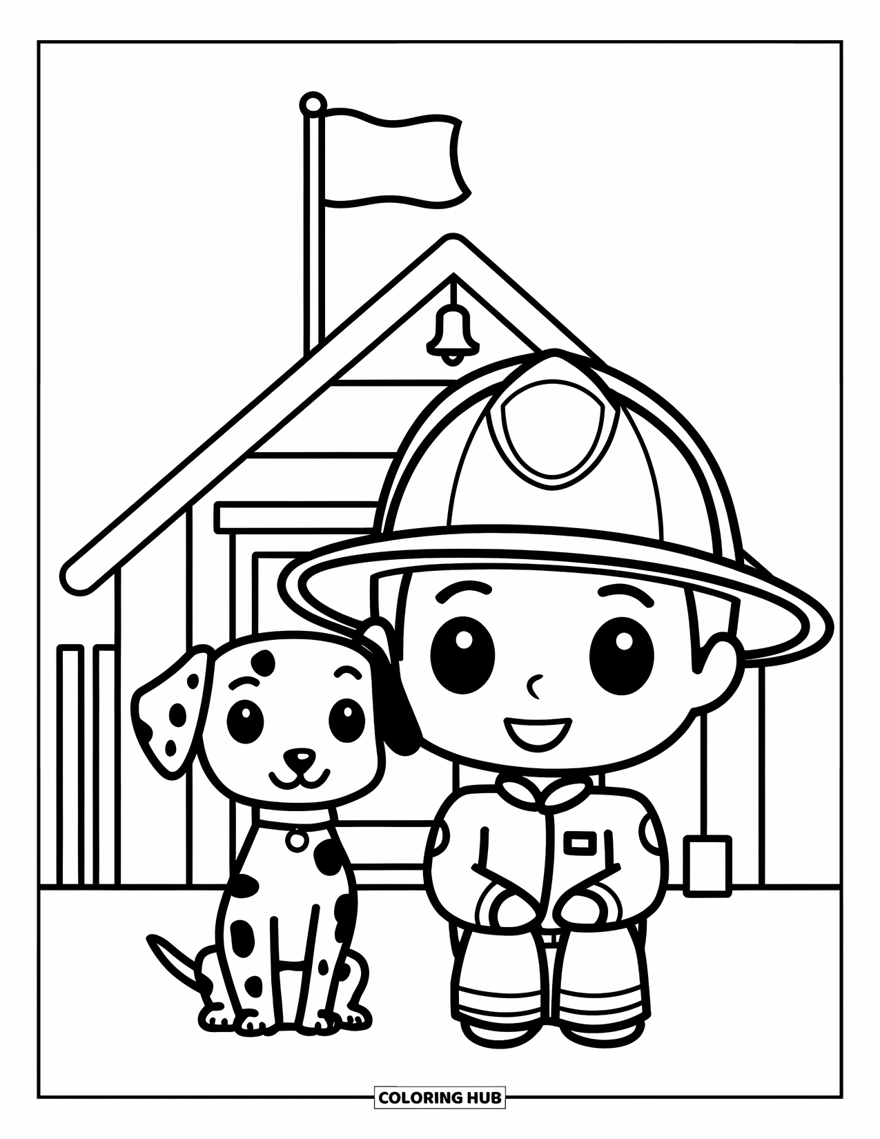 Fireman Coloring Page for Kids: A chibi fireman and his Dalmatian sit happily outside their fire station