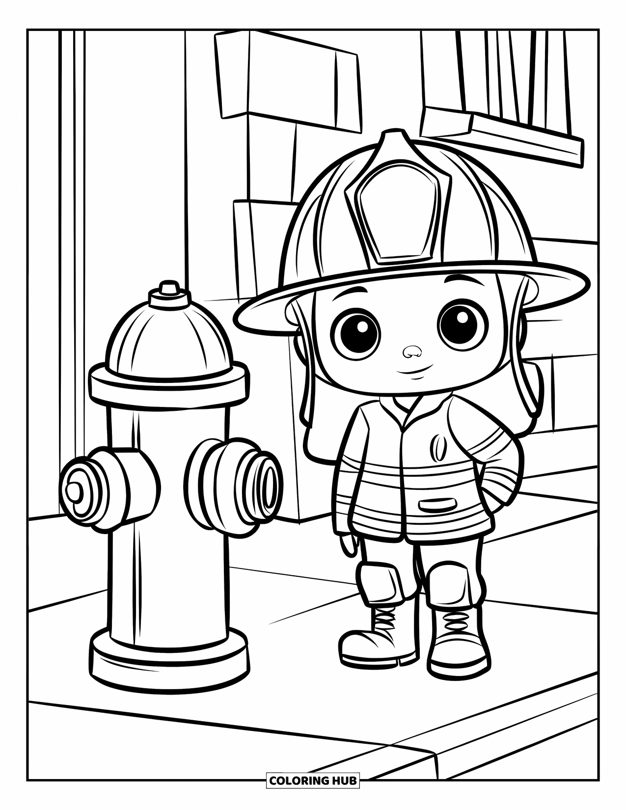 Fireman Coloring Page for Kids: A cute chibi fireman smiles beside a round fire hydrant