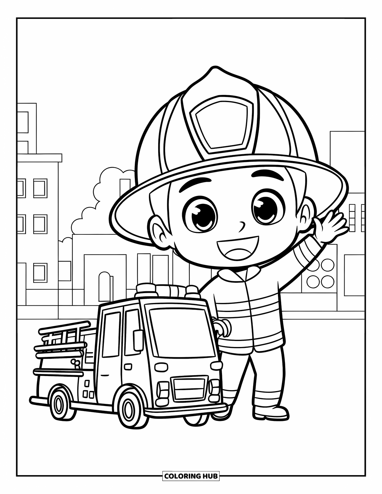 Fireman Coloring Page for Kids: A cute chibi fireman waves beside his little fire engine