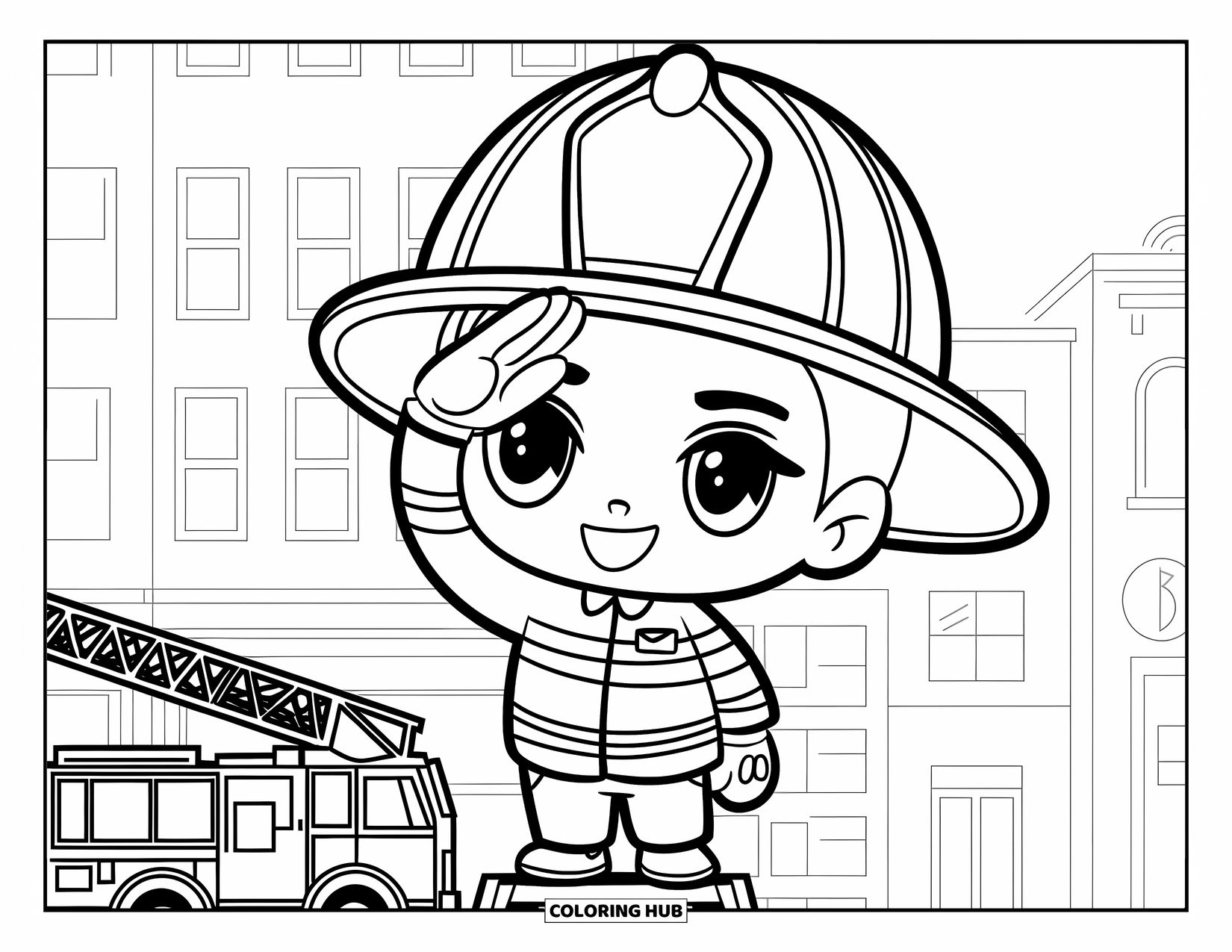 Fireman Coloring Page for Kids: A cute chibi fireman waves happily from a ladder truck