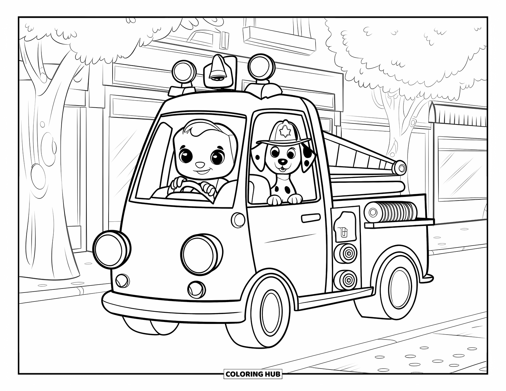 Fireman Coloring Page for Kids: A cute firefighter drives a tiny fire truck with a Dalmatian by his side