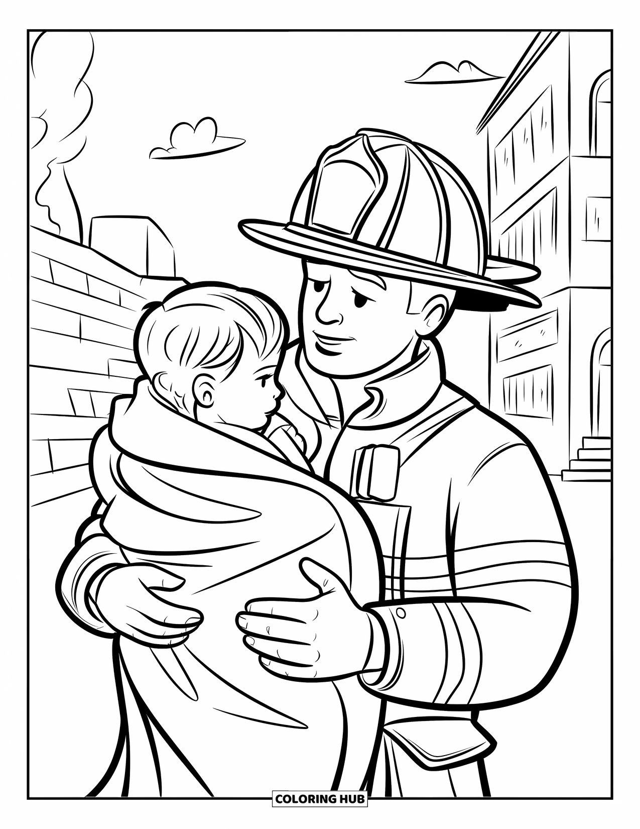 Fireman Coloring Page for Kids: A firefighter carries a rescued child safely away from the fire