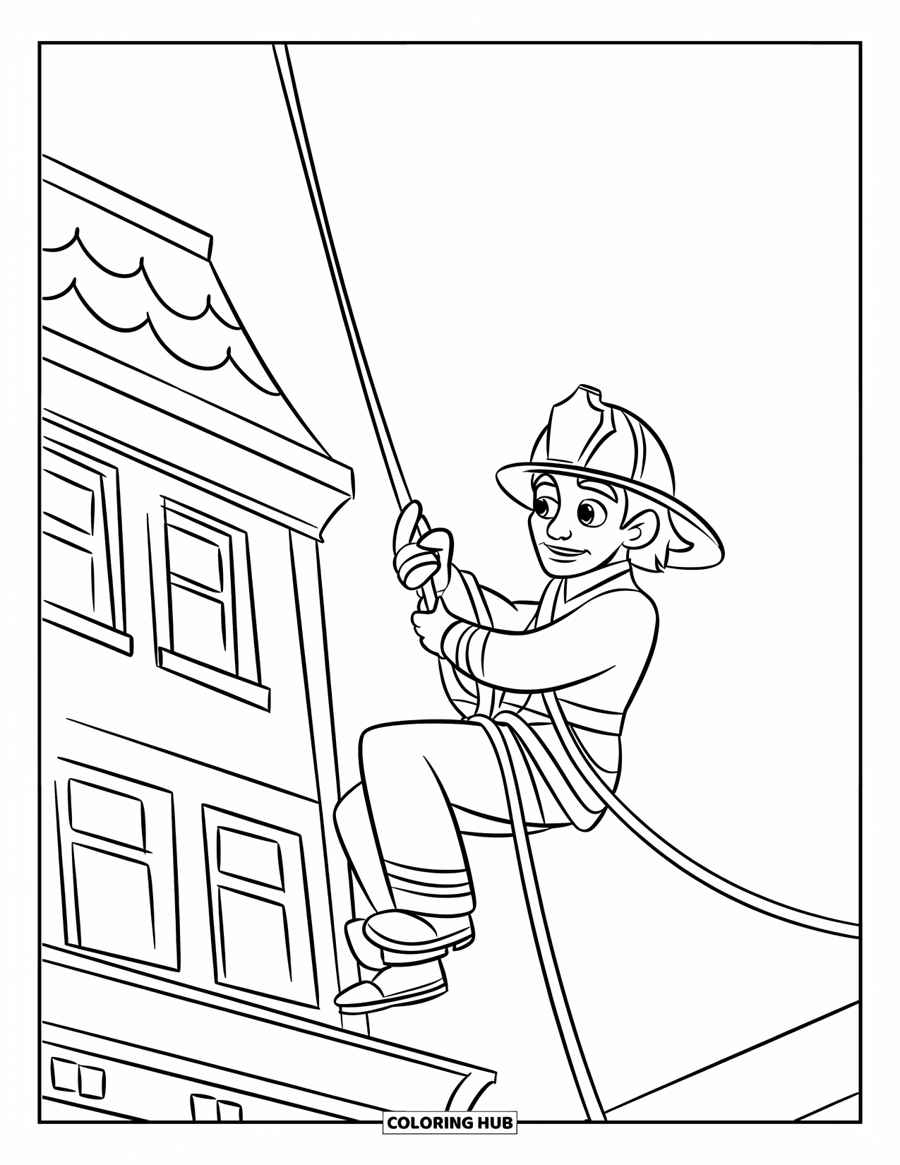 Fireman Coloring Page for Kids: A firefighter climbs down a rope beside a tall brick building