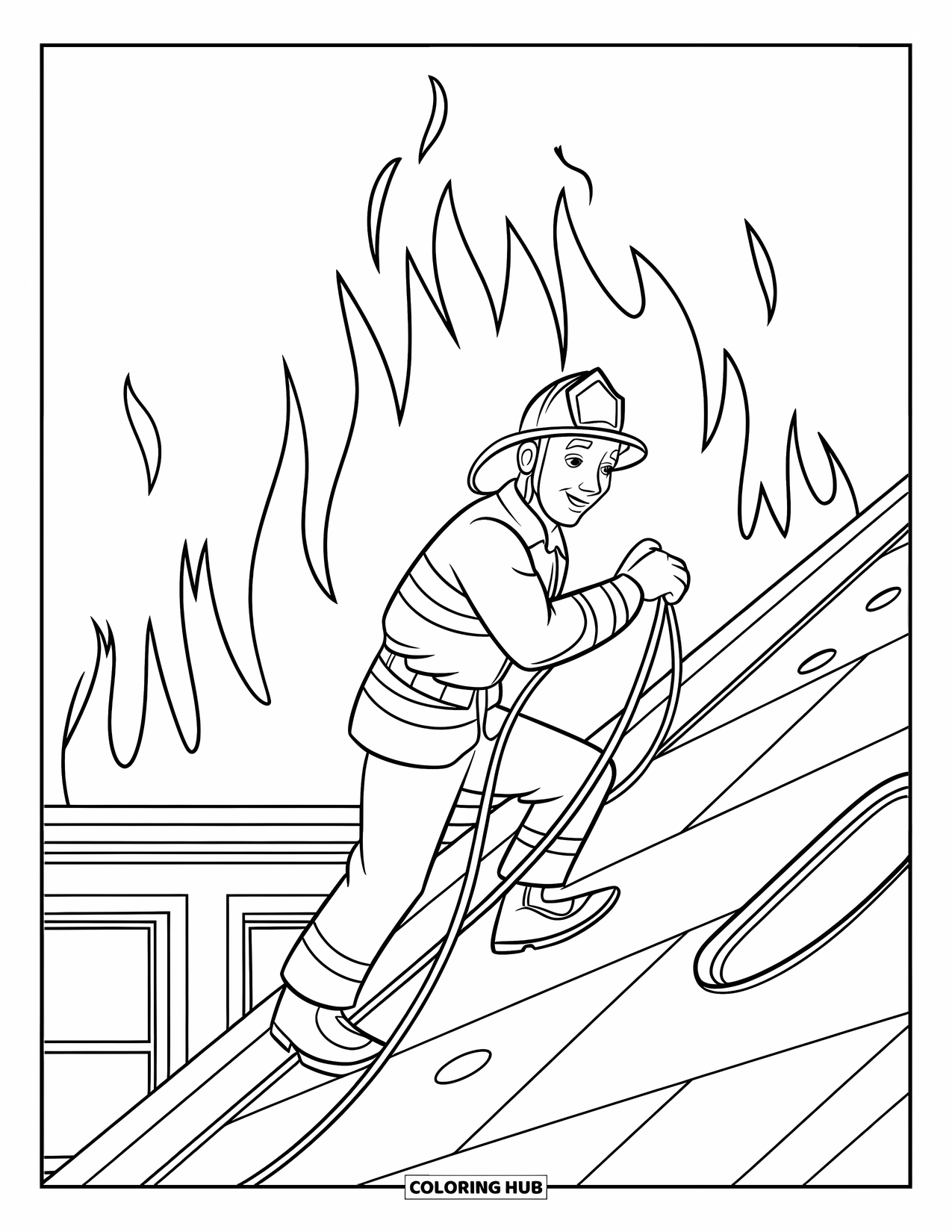 Fireman Coloring Page for Kids: A firefighter climbs through smoke to reach the flames above