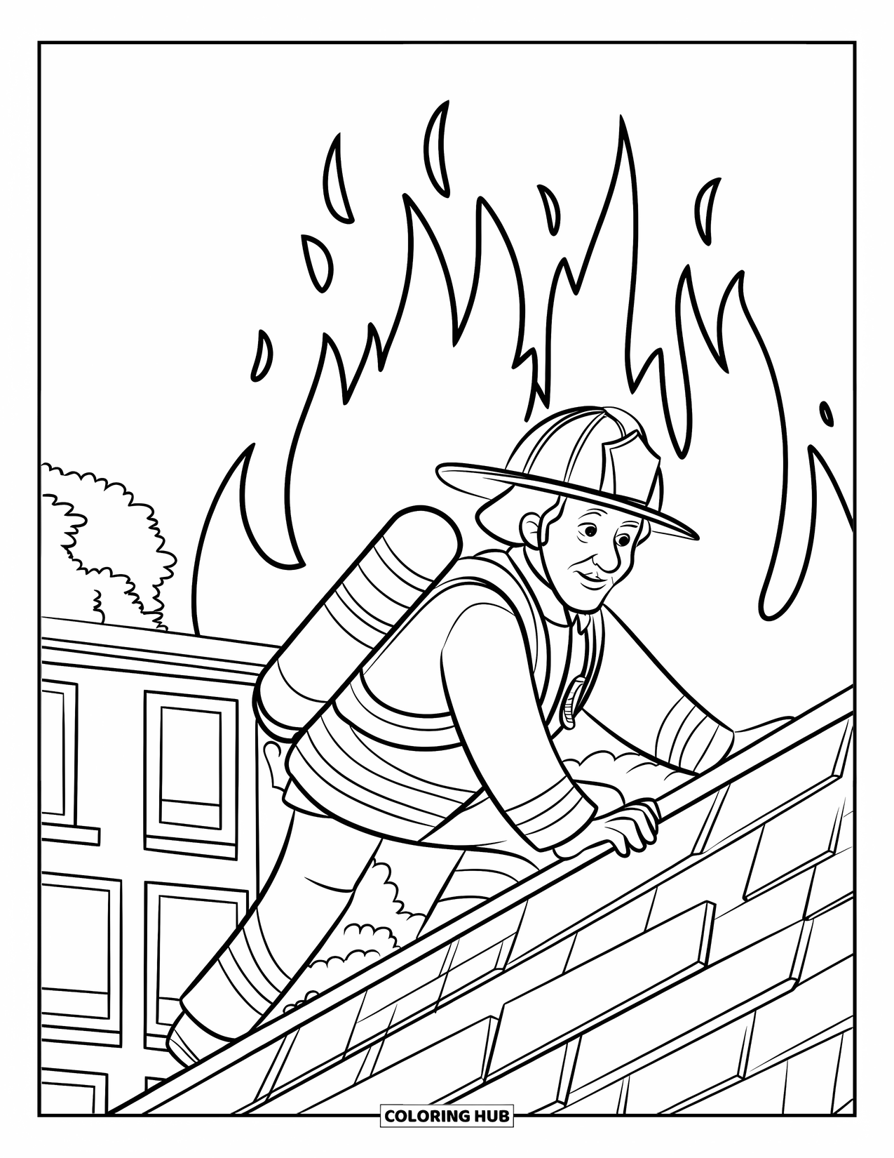 Fireman Coloring Page for Kids: A firefighter climbs up the roof with fire glowing in the background