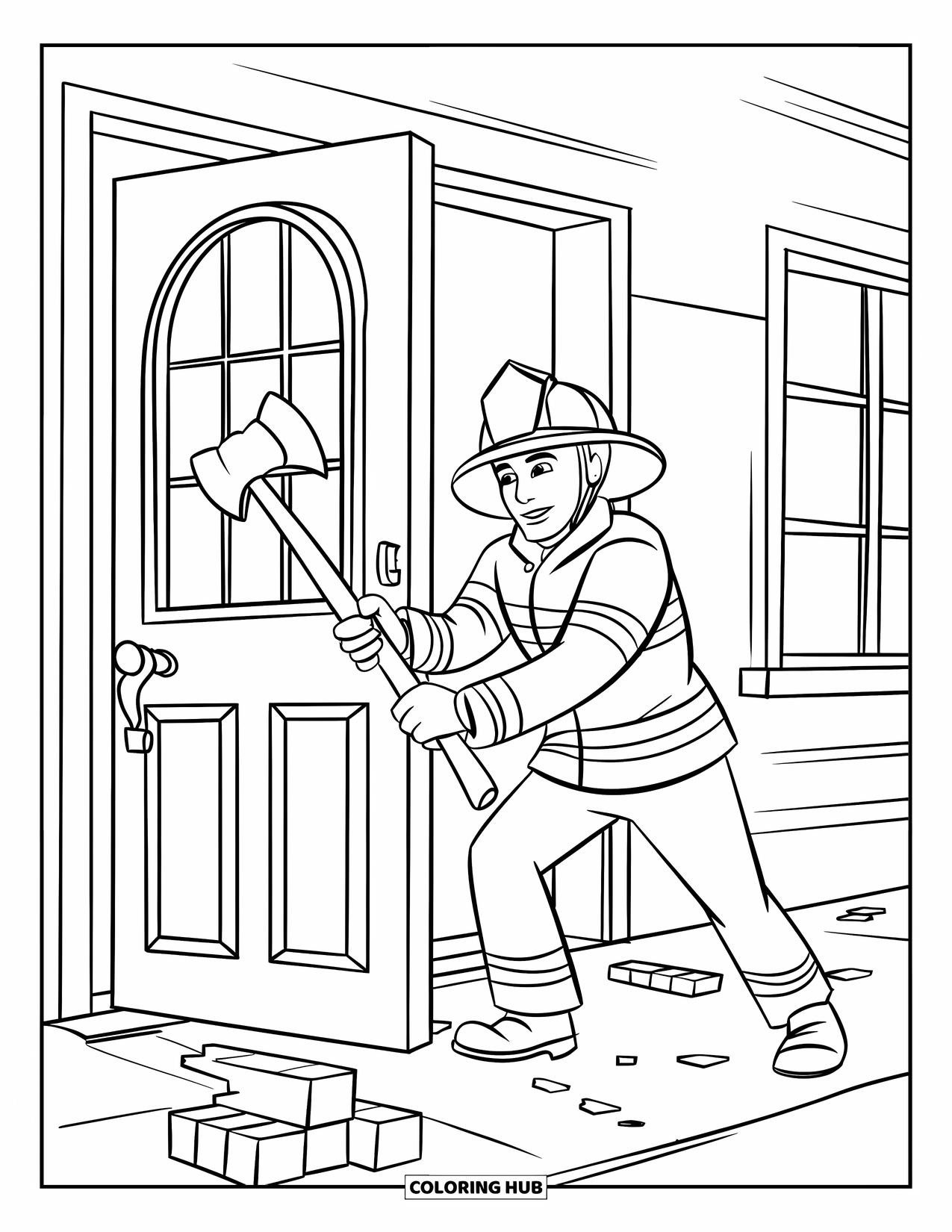 Fireman Coloring Page for Kids: A firefighter practices breaking a wooden door during a fire drill