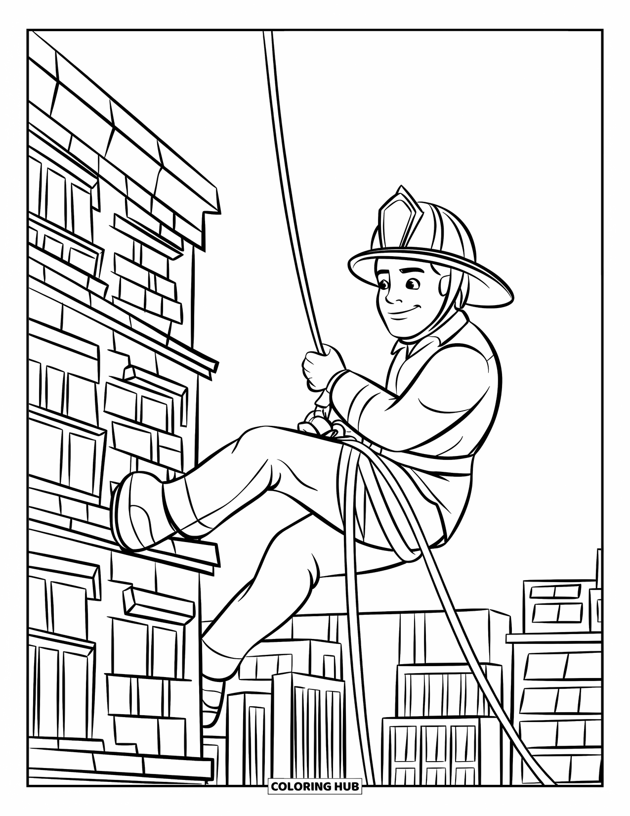 Fireman Coloring Page for Kids: A firefighter rappels down a tall building with his rescue rope