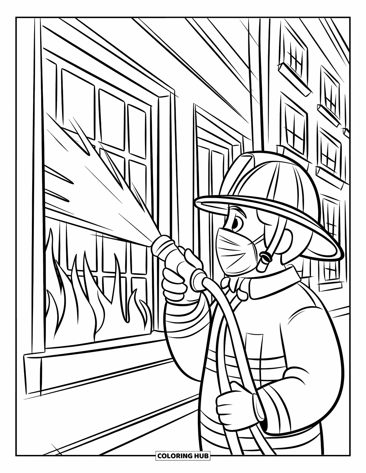Fireman Coloring Page for Kids: A firefighter sprays water through a smoky window to stop the fire