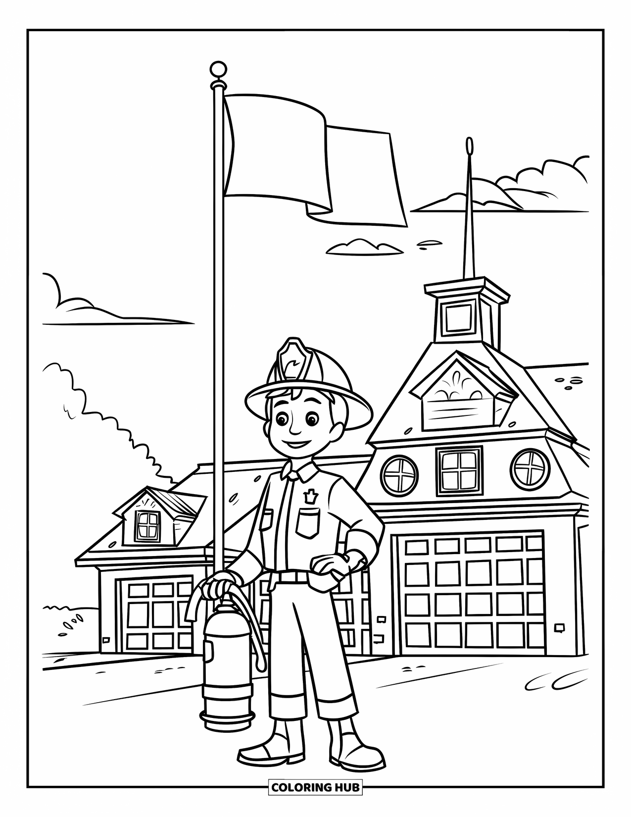 Fireman Coloring Page for Kids: A firefighter stands ready by the station beneath the waving flag