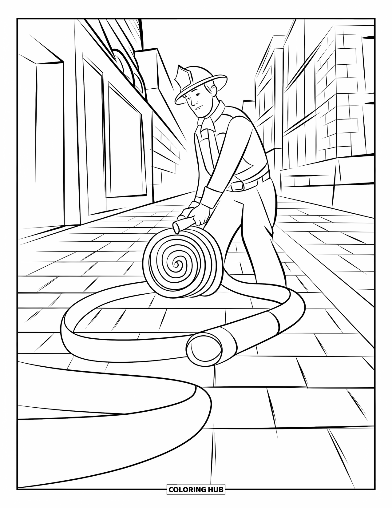 Fireman Coloring Page for Kids: A firefighter unrolls his hose on the city sidewalk ready to work