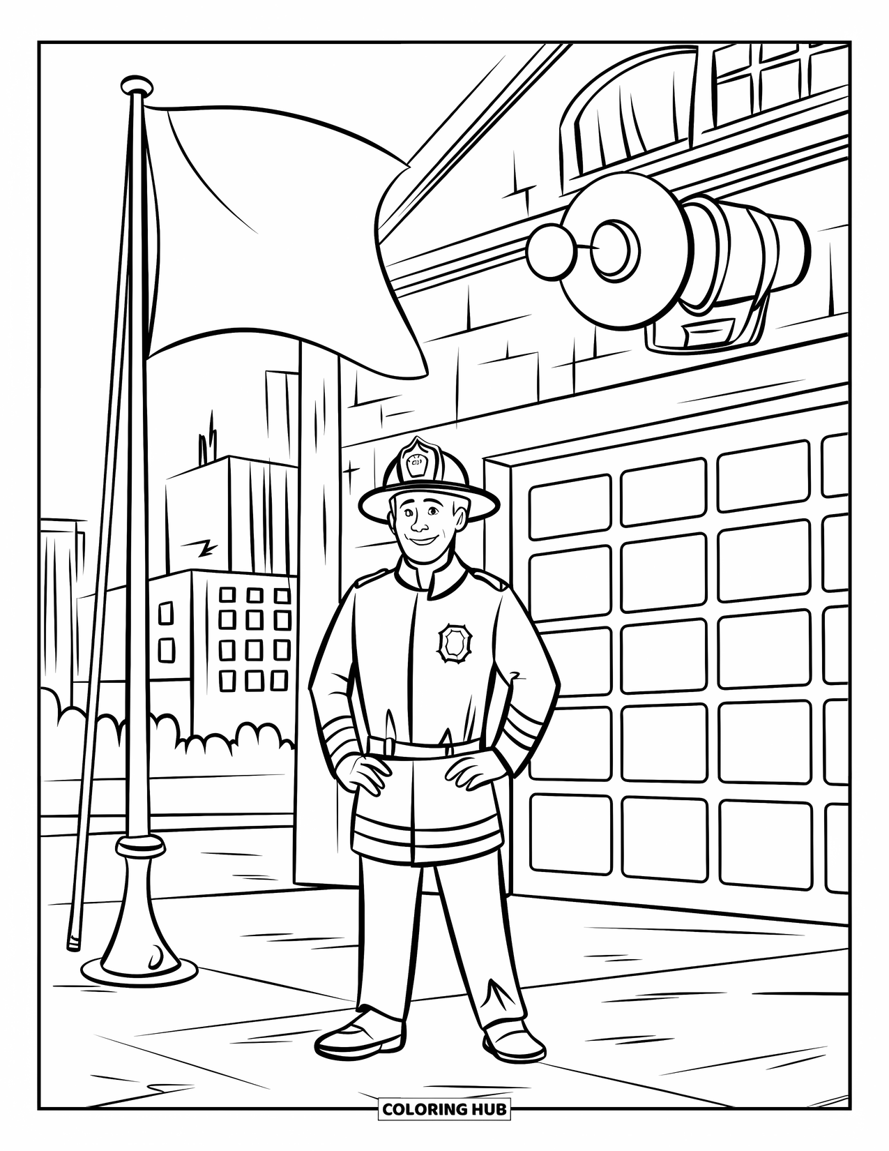 Fireman Coloring Page for Kids: A fireman smiles in front of his fire station with a tall flagpole