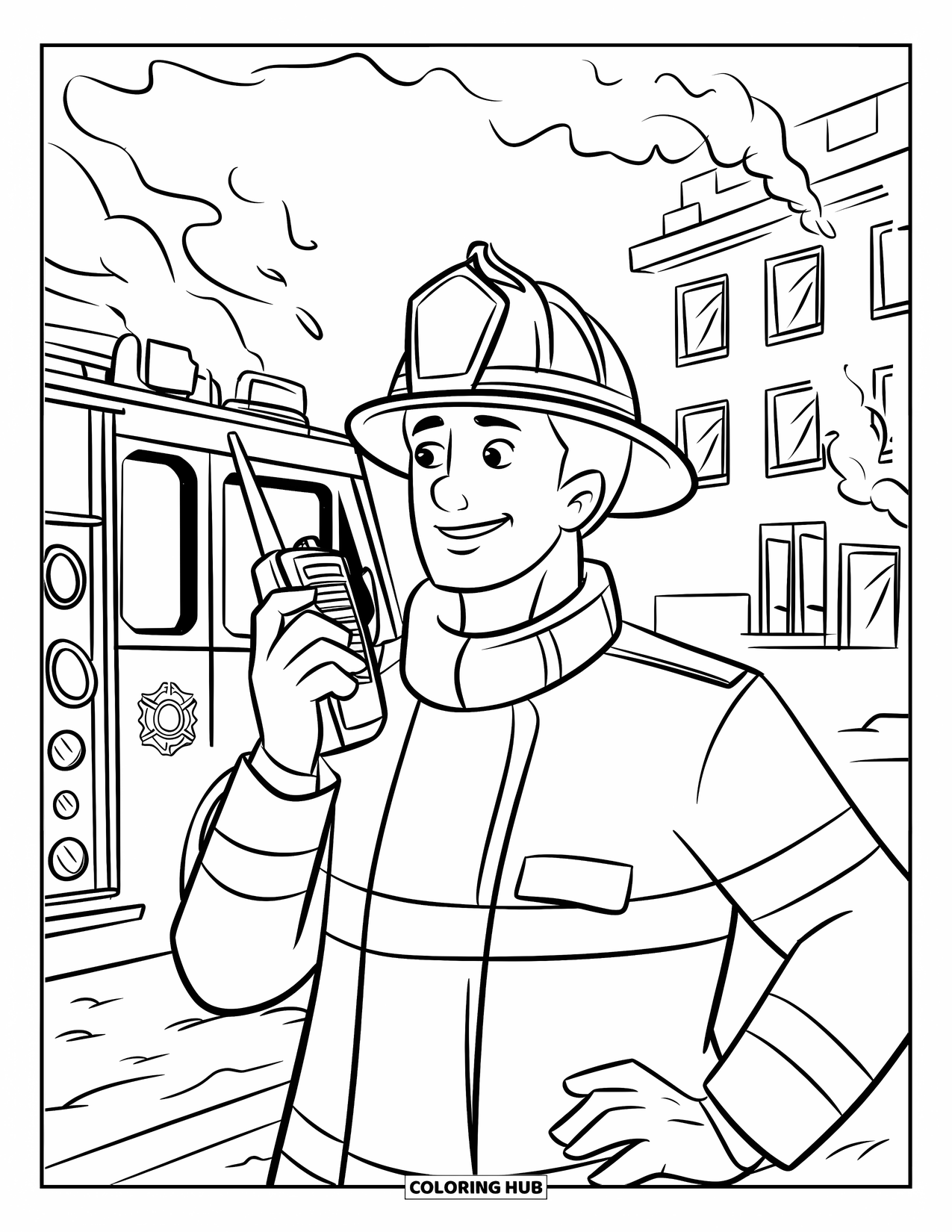 Fireman Coloring Page for Kids: A fireman talks into his radio while smoke rises from a building
