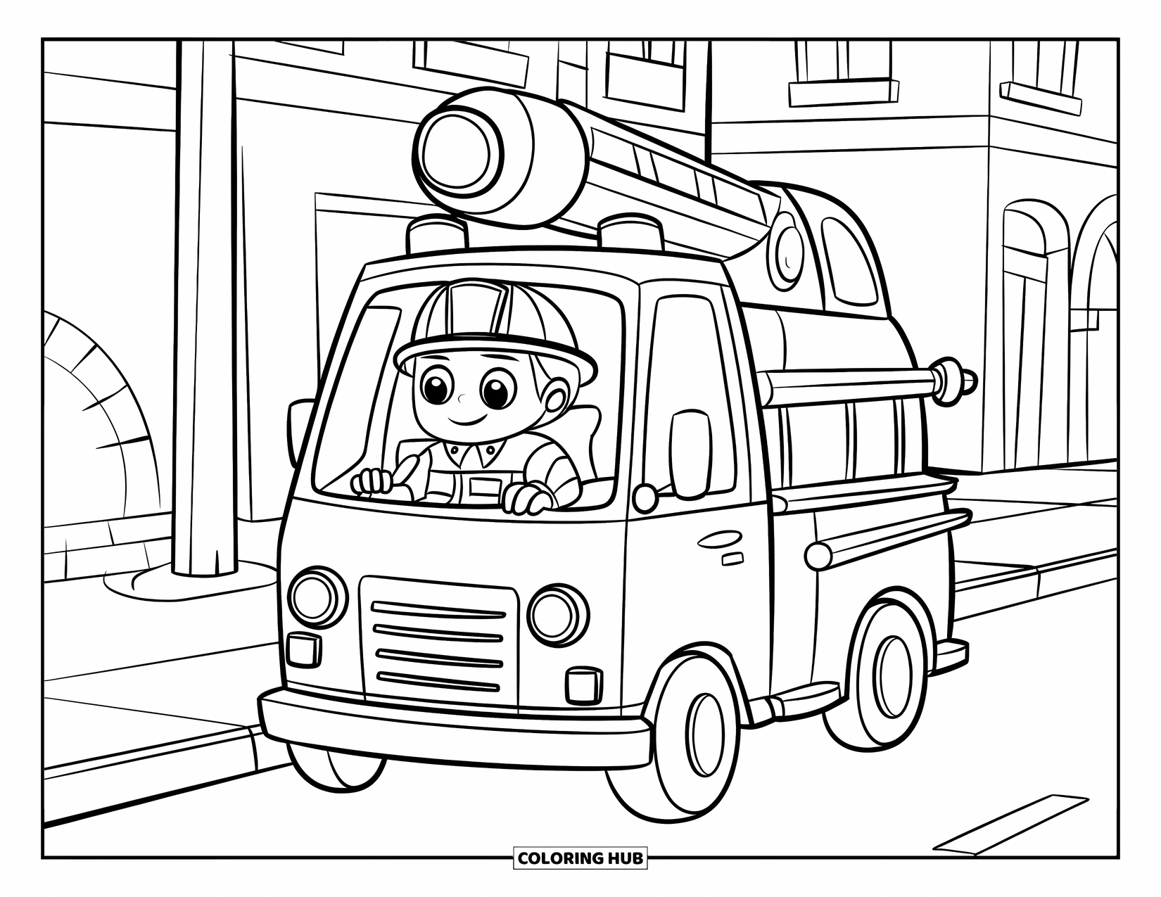 Fireman Coloring Page for Kids: A happy chibi firefighter rides in his small fire truck smiling brightly