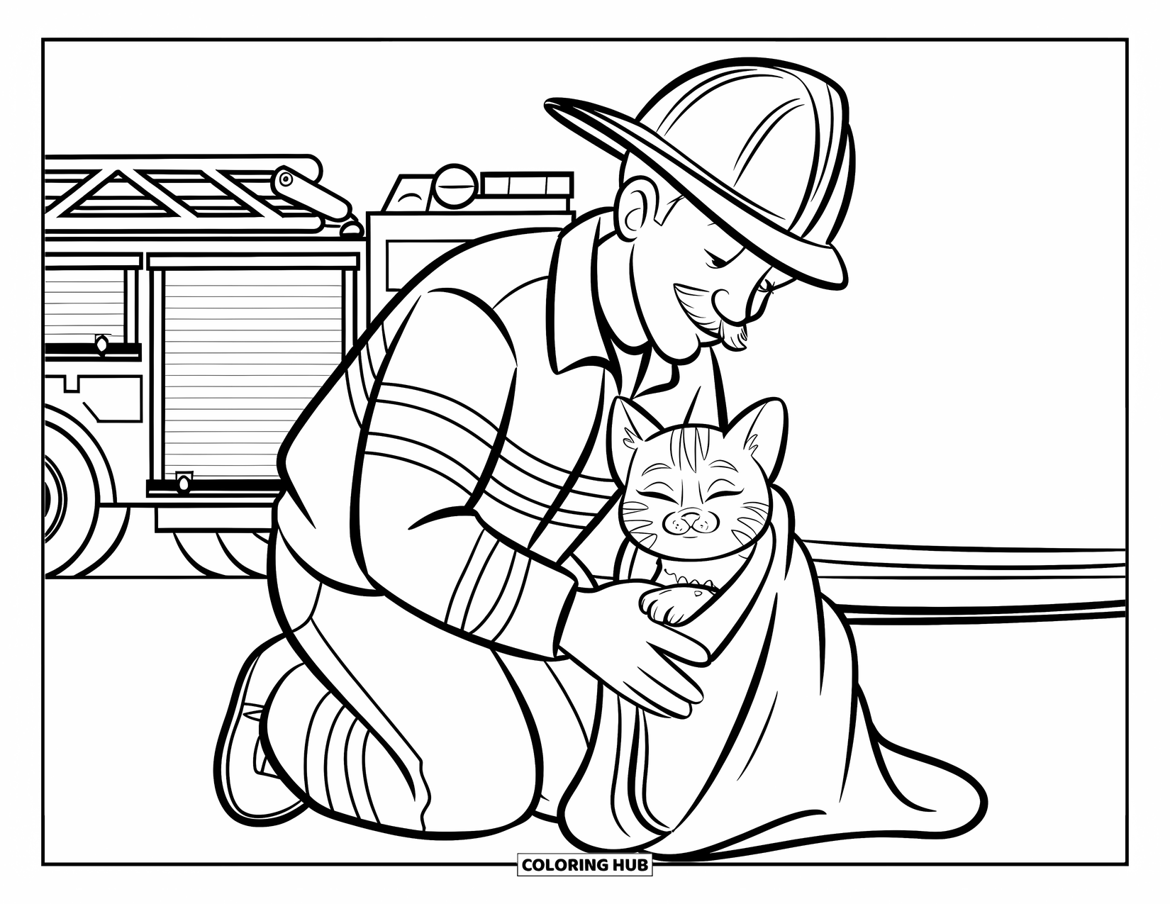 Fireman Coloring Page for Kids: A kind firefighter comforts a kitten wrapped safely in a towel