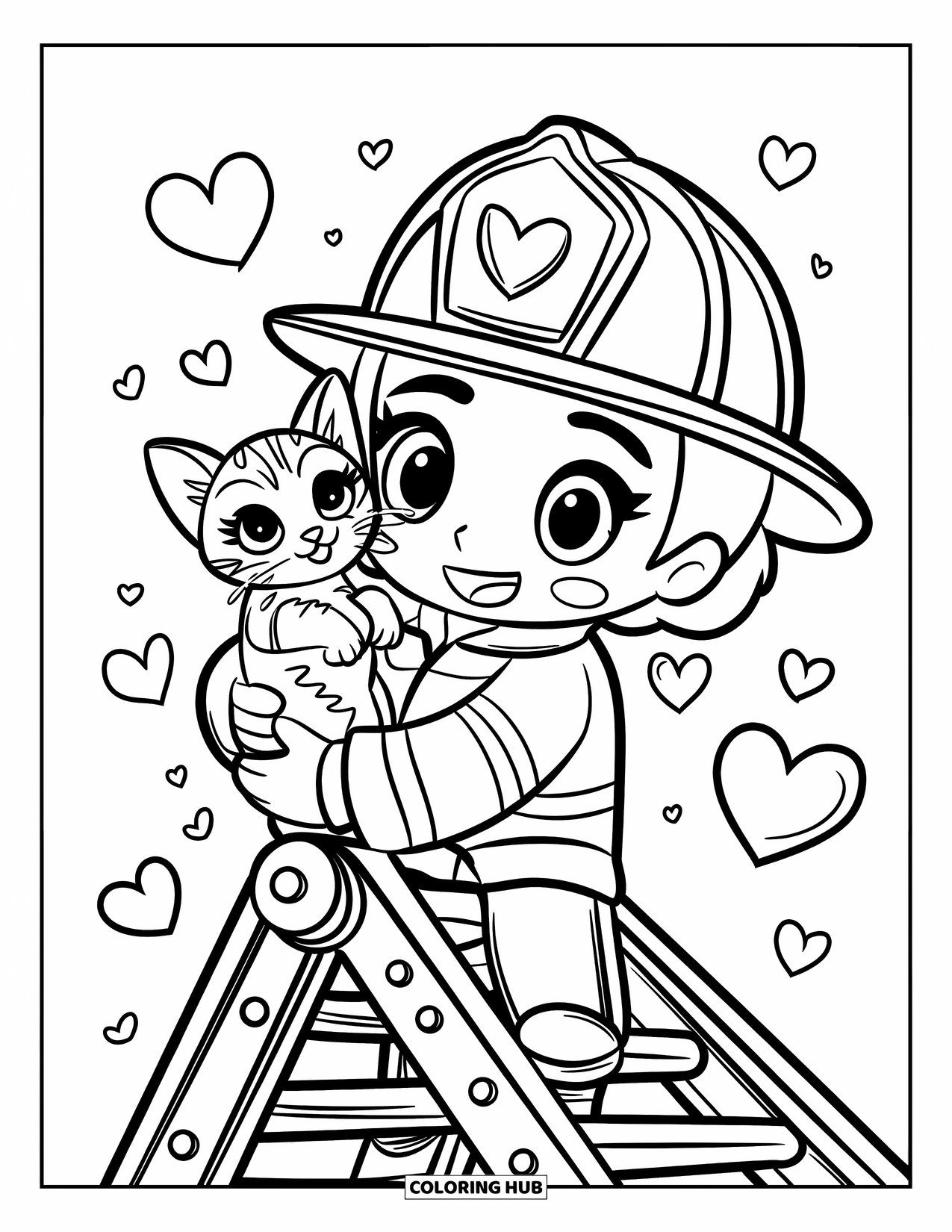 Fireman Coloring Page for Kids: A sweet chibi firefighter smiles while cuddling a tiny kitten